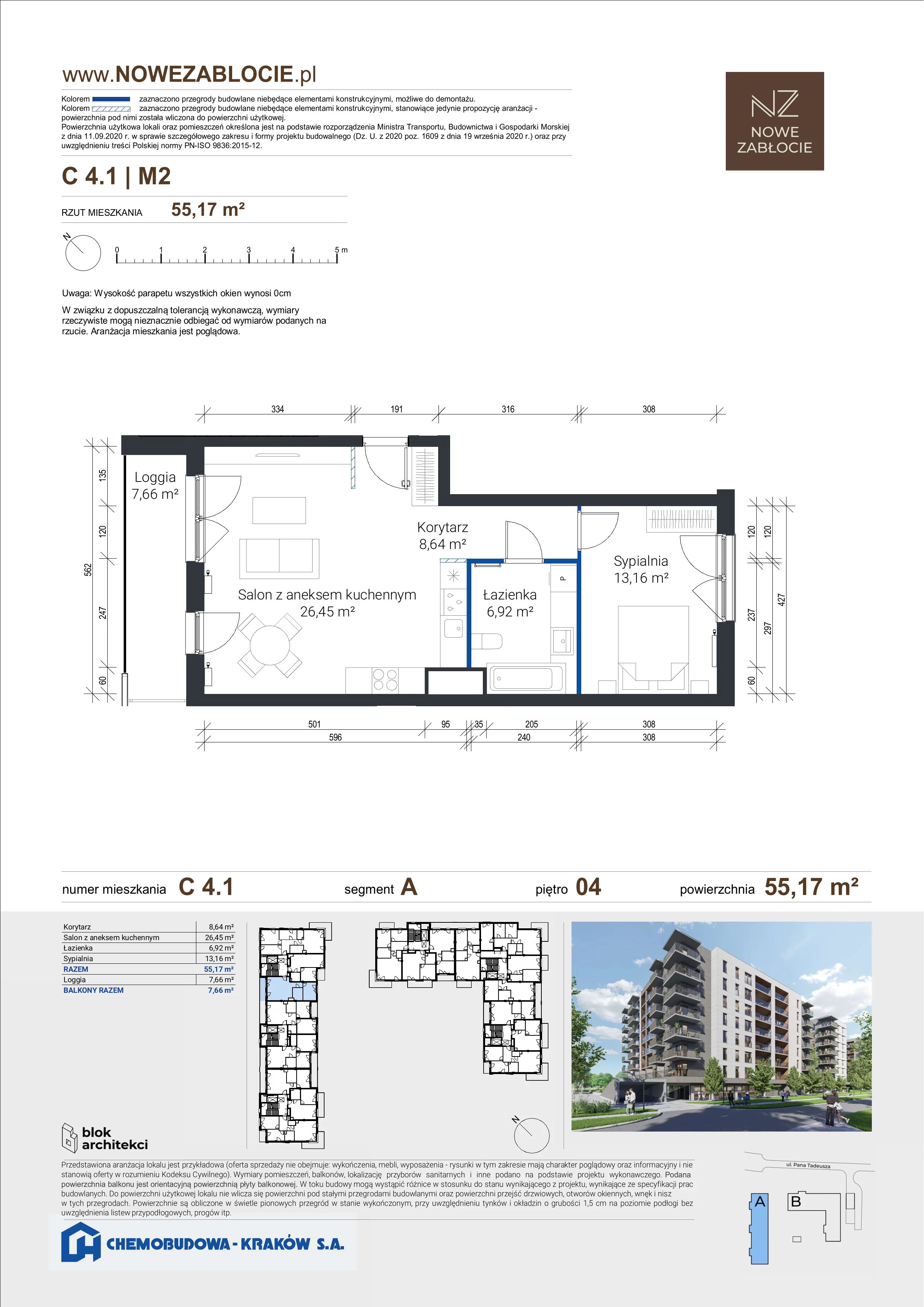 2 pokoje, mieszkanie 55,17 m², piętro 4, oferta nr C 4.1, Nowe Zabłocie, Kraków, Podgórze, Zabłocie, ul. Pana Tadeusza 7
