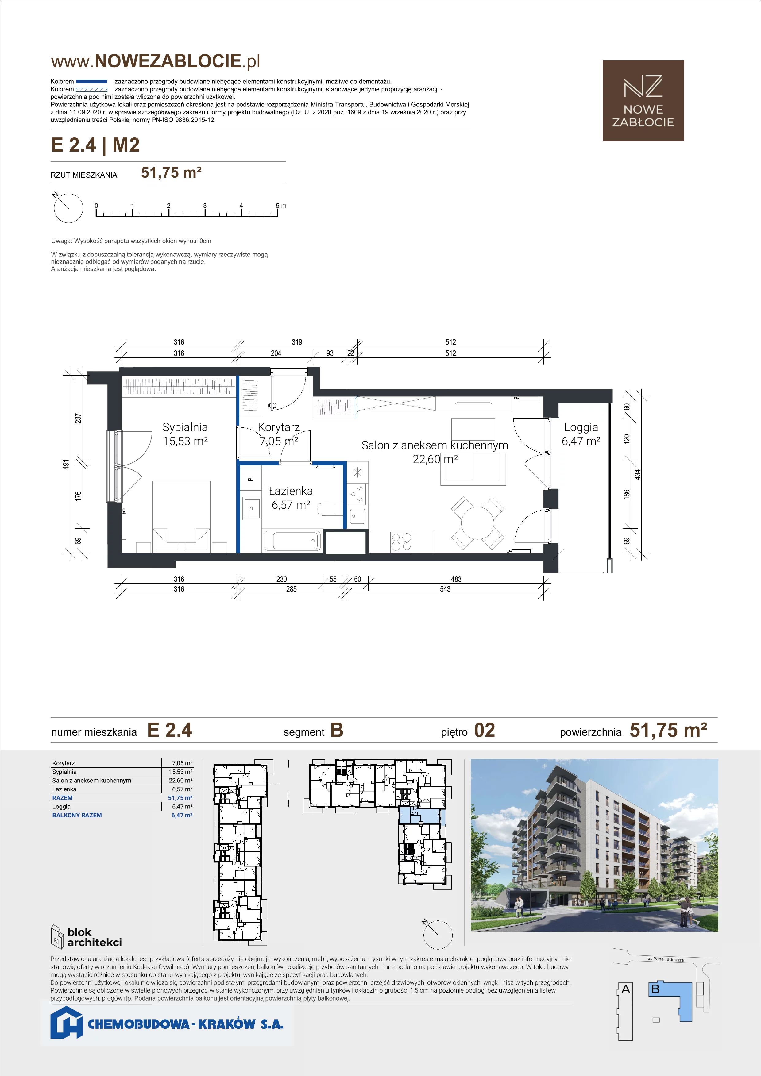 2 pokoje, mieszkanie 51,75 m², piętro 2, oferta nr E 2.4, Nowe Zabłocie, Kraków, Podgórze, Zabłocie, ul. Pana Tadeusza 7