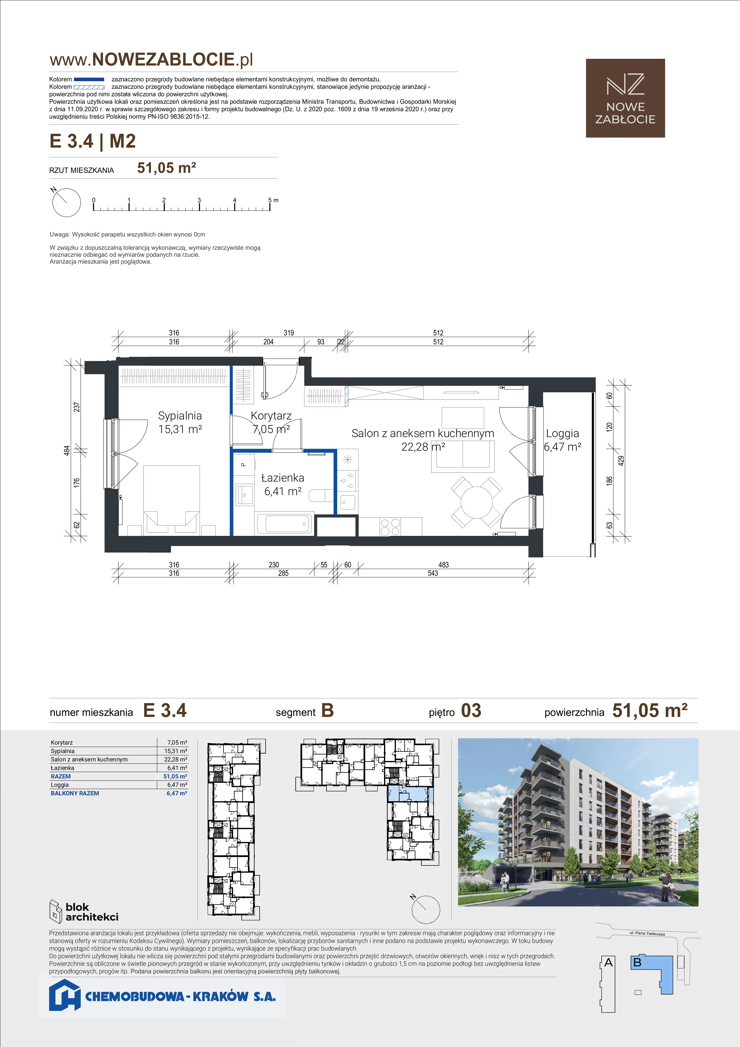 2 pokoje, mieszkanie 51,05 m², piętro 3, oferta nr E 3.4, Nowe Zabłocie, Kraków, Podgórze, Zabłocie, ul. Pana Tadeusza 7