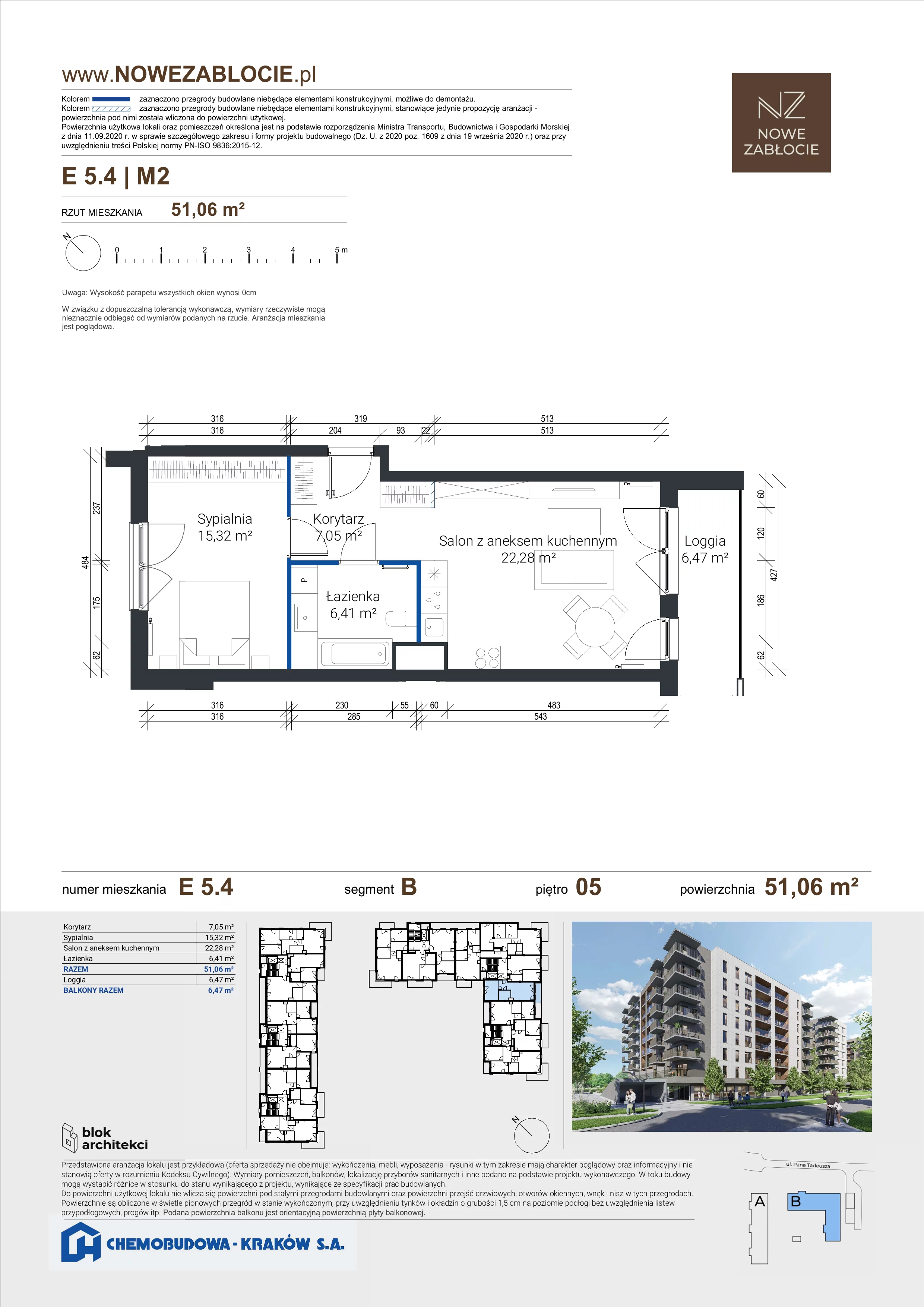 2 pokoje, mieszkanie 51,06 m², piętro 5, oferta nr E 5.4, Nowe Zabłocie, Kraków, Podgórze, Zabłocie, ul. Pana Tadeusza 7