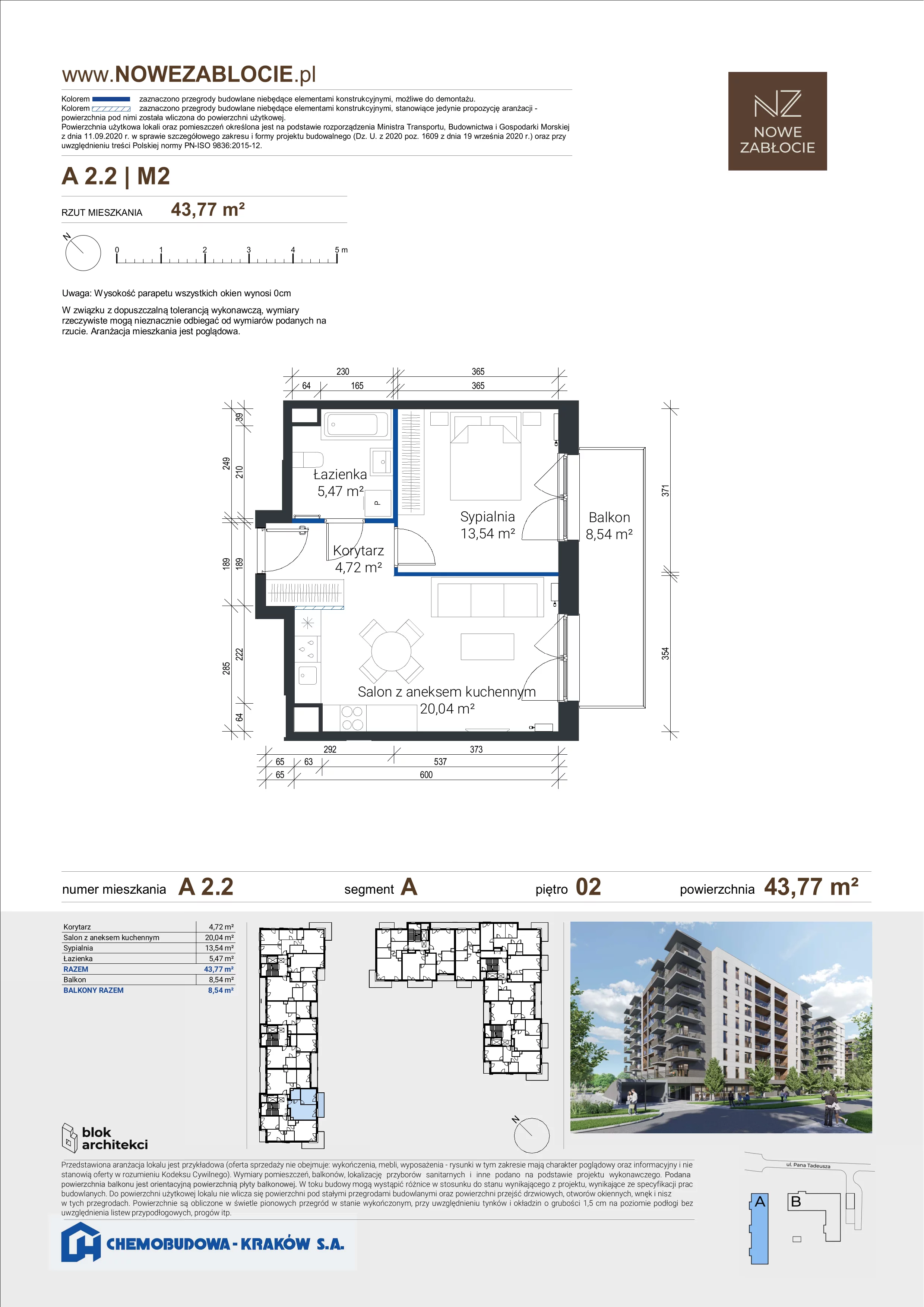 2 pokoje, mieszkanie 43,77 m², piętro 2, oferta nr A 2.2, Nowe Zabłocie, Kraków, Podgórze, Zabłocie, ul. Pana Tadeusza 7