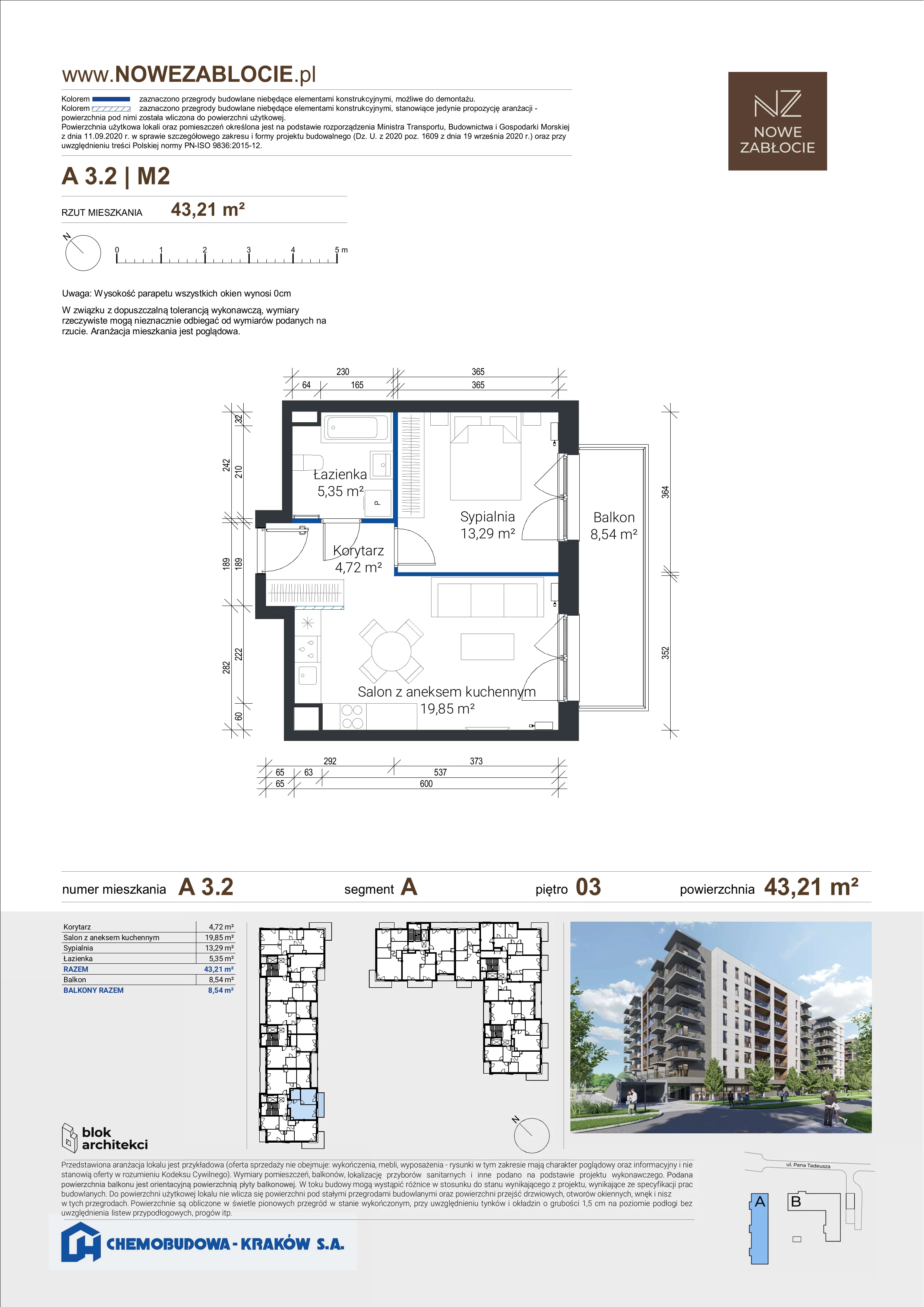 2 pokoje, mieszkanie 43,21 m², piętro 3, oferta nr A 3.2, Nowe Zabłocie, Kraków, Podgórze, Zabłocie, ul. Pana Tadeusza 7