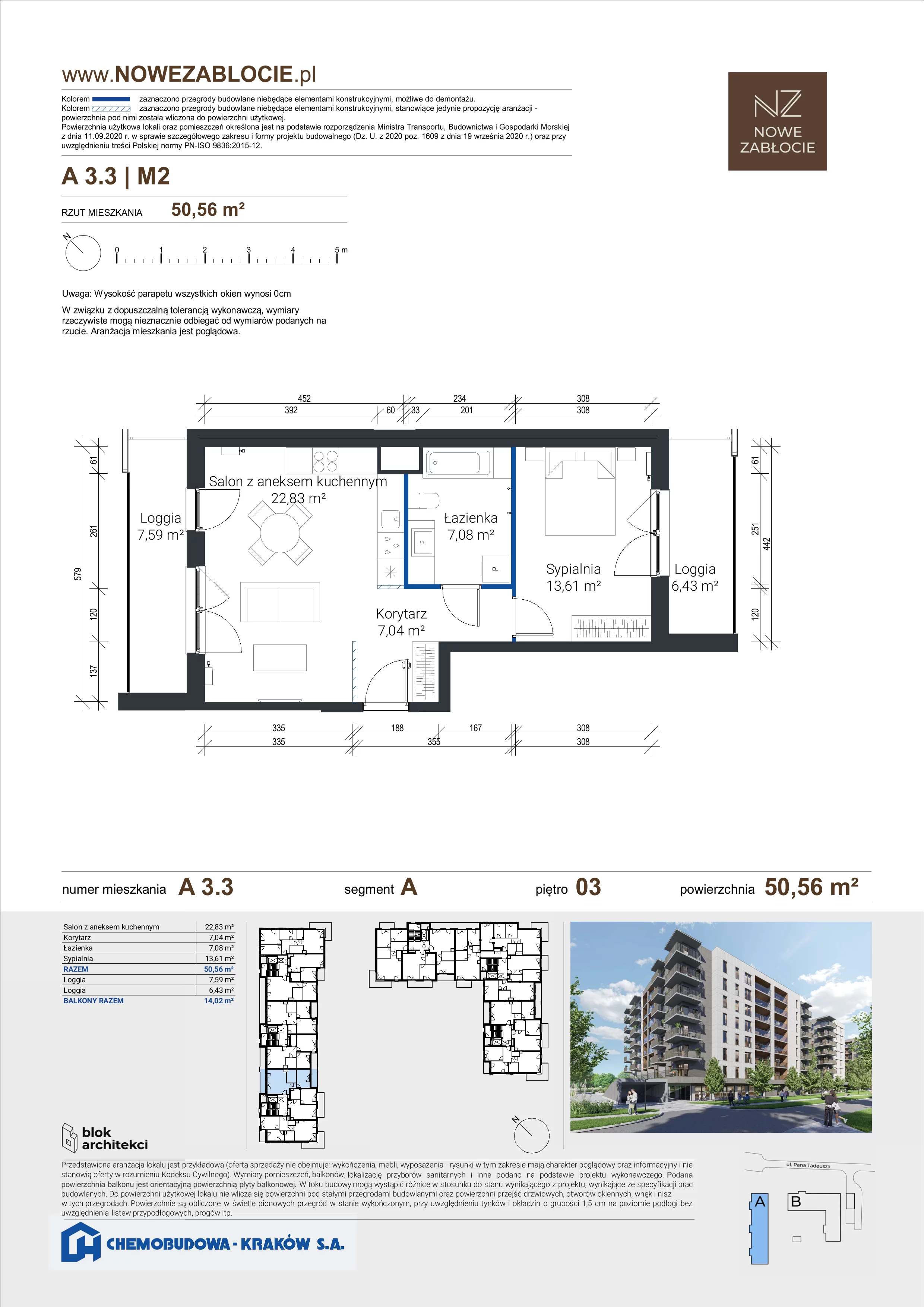 2 pokoje, mieszkanie 50,56 m², piętro 3, oferta nr A 3.3, Nowe Zabłocie, Kraków, Podgórze, Zabłocie, ul. Pana Tadeusza 7