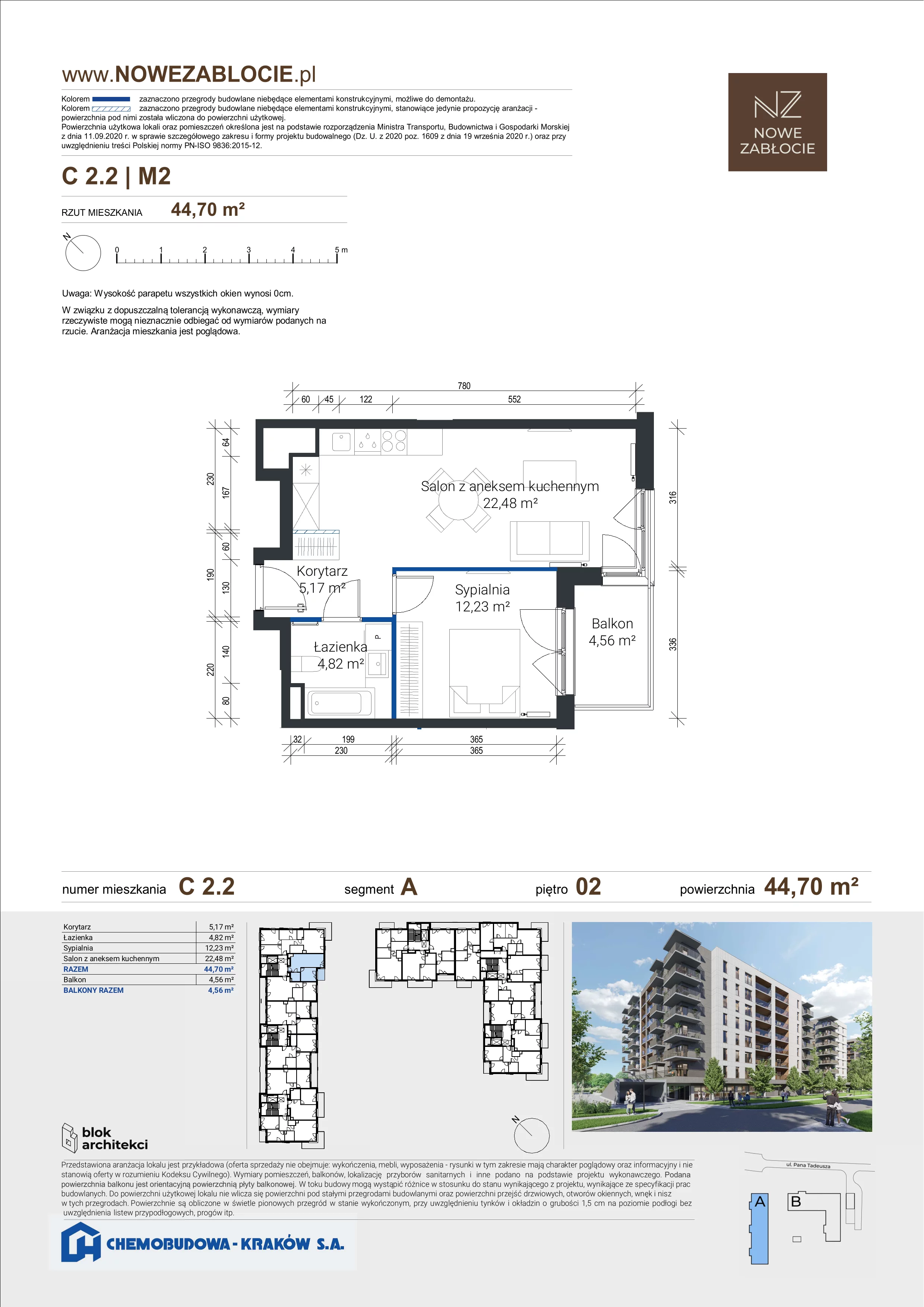 2 pokoje, mieszkanie 44,70 m², piętro 2, oferta nr C 2.2, Nowe Zabłocie, Kraków, Podgórze, Zabłocie, ul. Pana Tadeusza 7