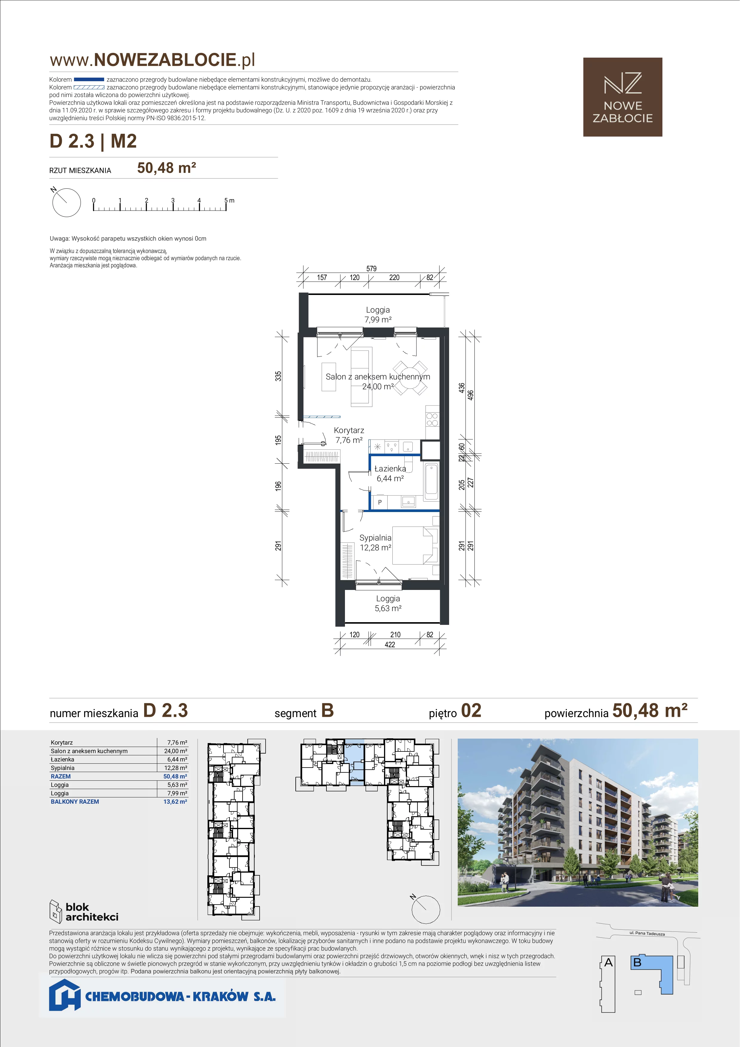 2 pokoje, mieszkanie 50,48 m², piętro 2, oferta nr D 2.3, Nowe Zabłocie, Kraków, Podgórze, Zabłocie, ul. Pana Tadeusza 7
