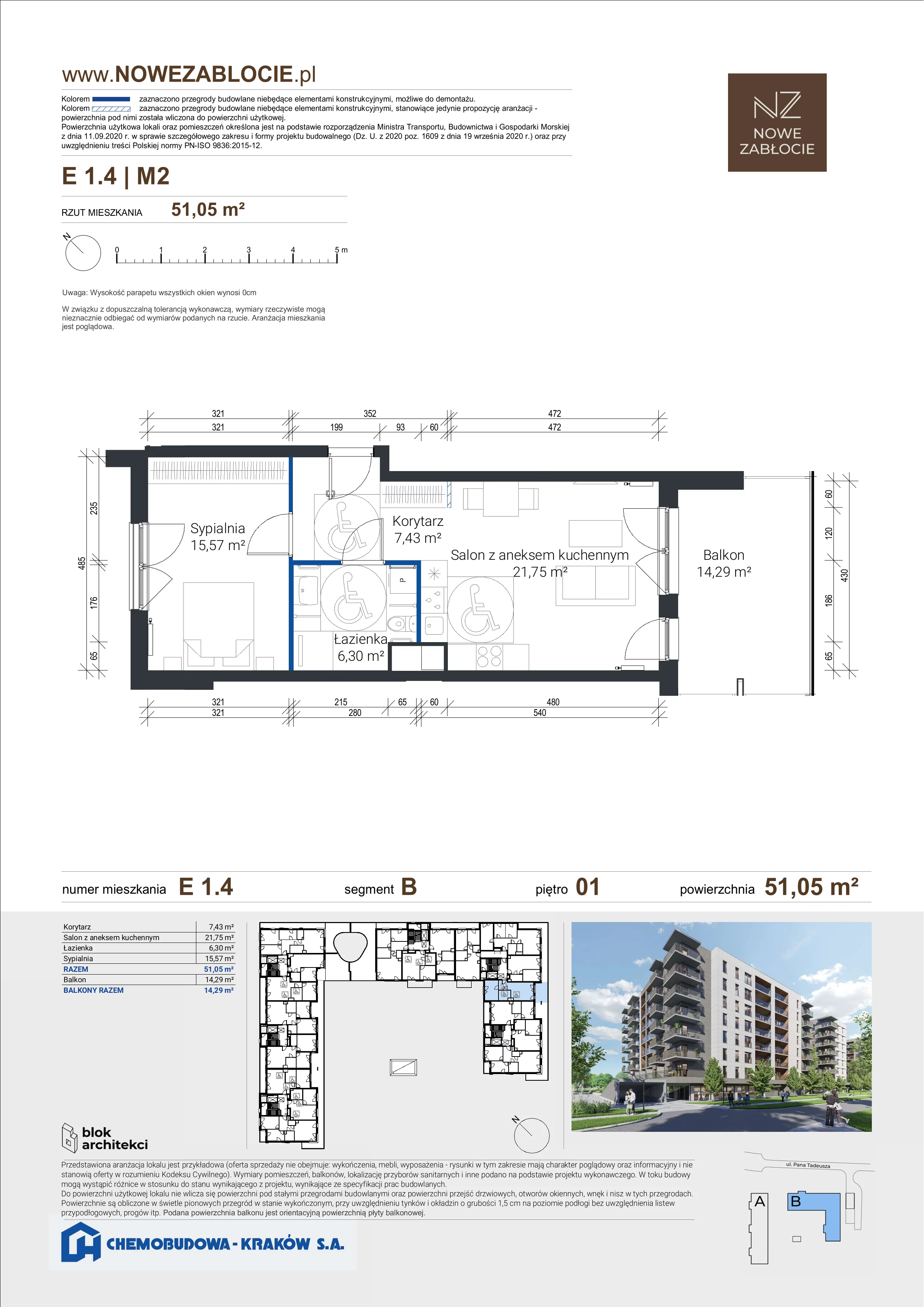 2 pokoje, mieszkanie 51,05 m², piętro 1, oferta nr E 1.4, Nowe Zabłocie, Kraków, Podgórze, Zabłocie, ul. Pana Tadeusza 7