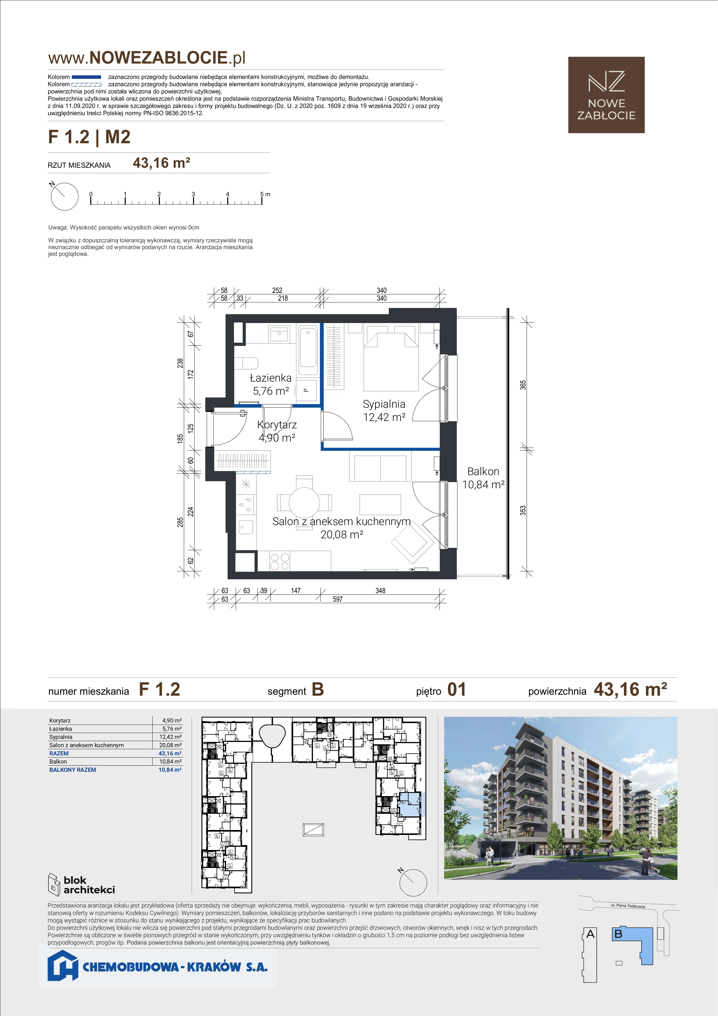 2 pokoje, mieszkanie 43,16 m², piętro 1, oferta nr F 1.2, Nowe Zabłocie, Kraków, Podgórze, Zabłocie, ul. Pana Tadeusza 7
