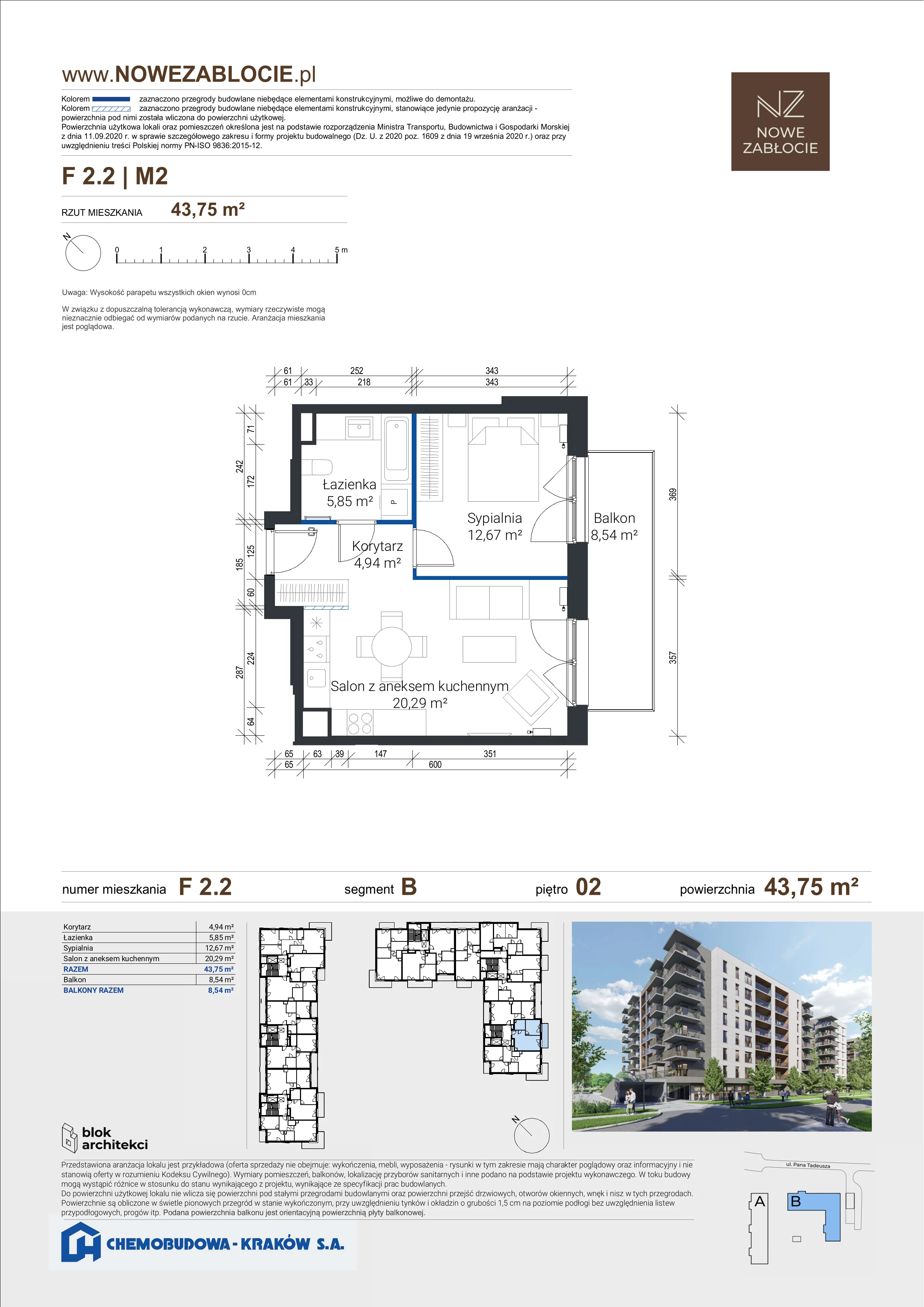 2 pokoje, mieszkanie 43,75 m², piętro 2, oferta nr F 2.2, Nowe Zabłocie, Kraków, Podgórze, Zabłocie, ul. Pana Tadeusza 7