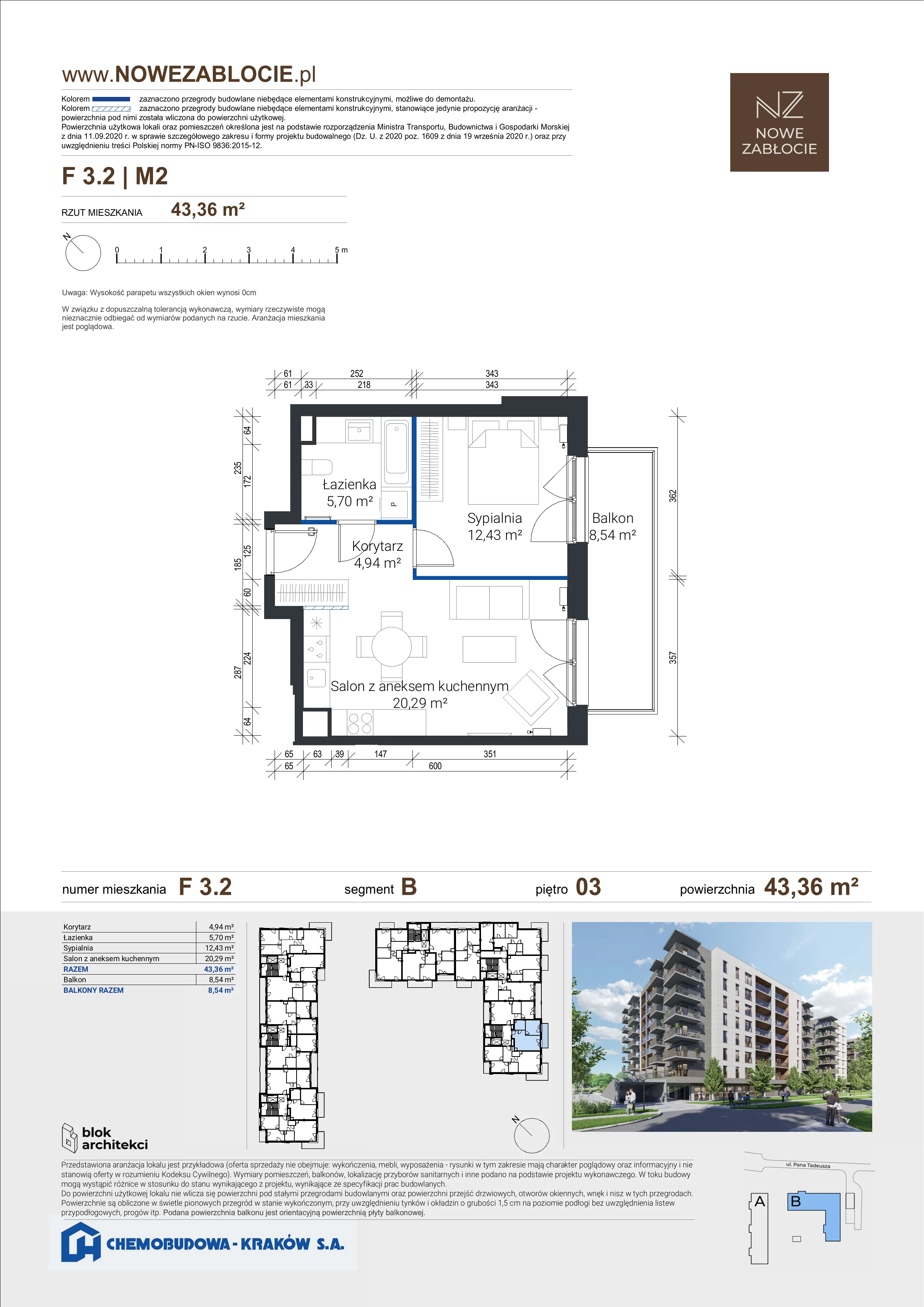 2 pokoje, mieszkanie 43,36 m², piętro 3, oferta nr F 3.2, Nowe Zabłocie, Kraków, Podgórze, Zabłocie, ul. Pana Tadeusza 7