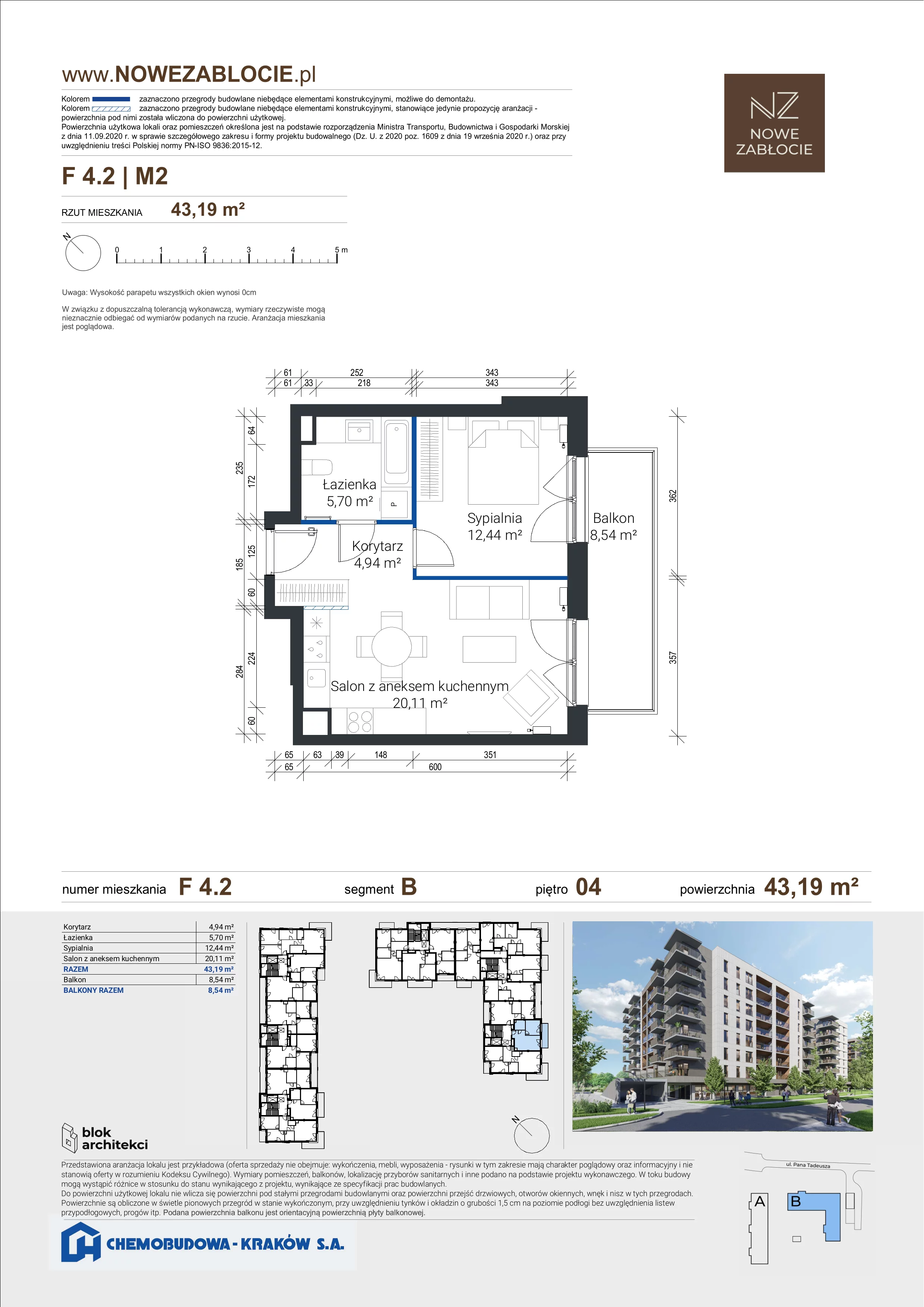 2 pokoje, mieszkanie 43,19 m², piętro 4, oferta nr F 4.2, Nowe Zabłocie, Kraków, Podgórze, Zabłocie, ul. Pana Tadeusza 7