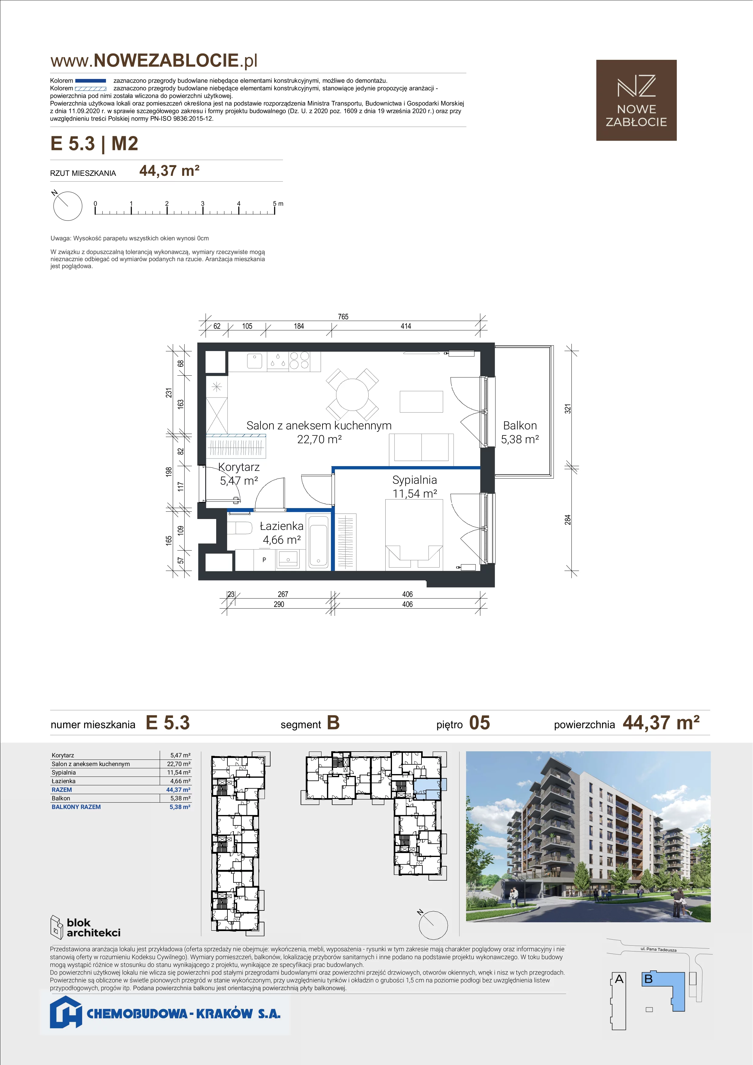 2 pokoje, mieszkanie 44,37 m², piętro 5, oferta nr E 5.3, Nowe Zabłocie, Kraków, Podgórze, Zabłocie, ul. Pana Tadeusza 7