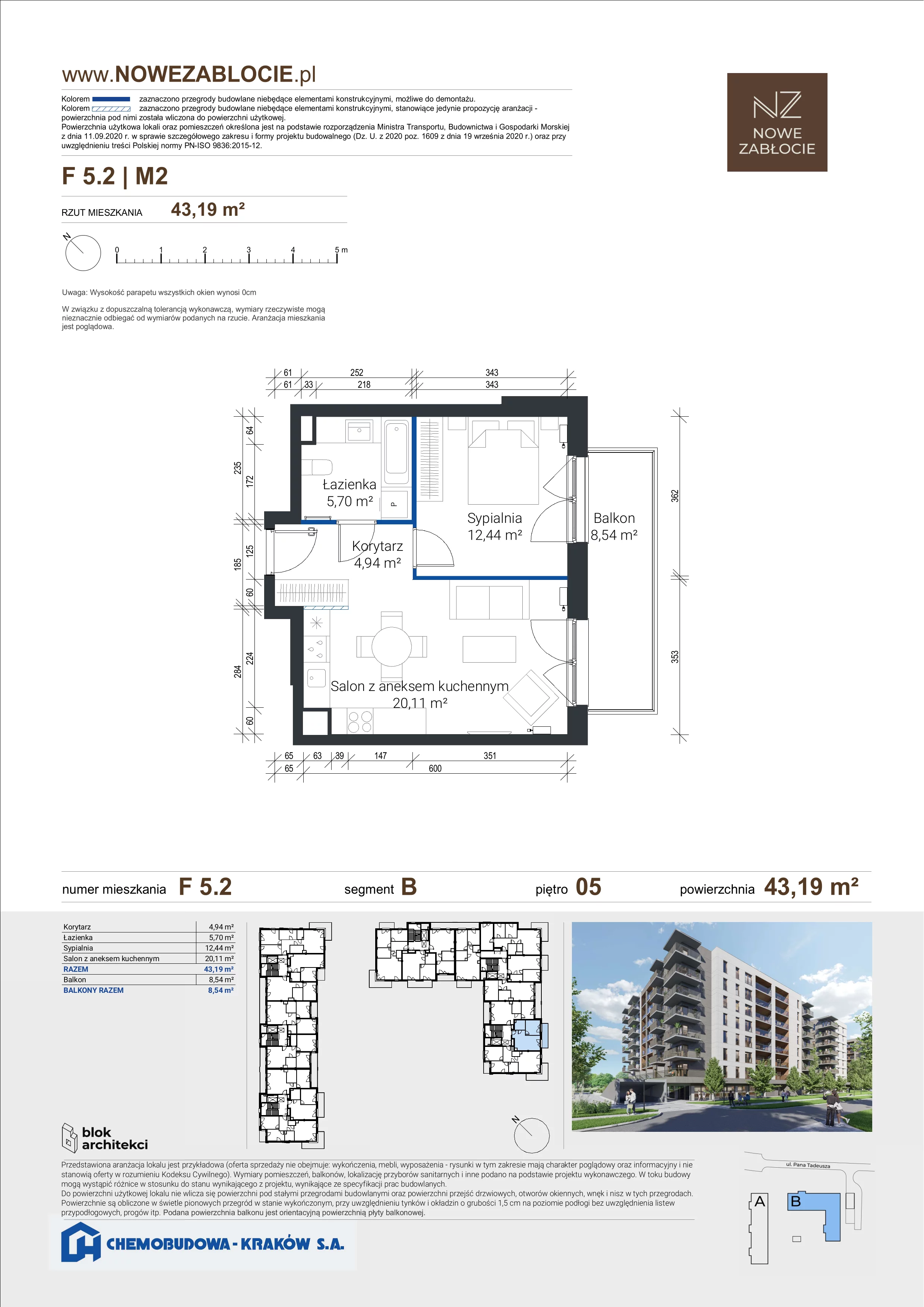 2 pokoje, mieszkanie 43,19 m², piętro 5, oferta nr F 5.2, Nowe Zabłocie, Kraków, Podgórze, Zabłocie, ul. Pana Tadeusza 7
