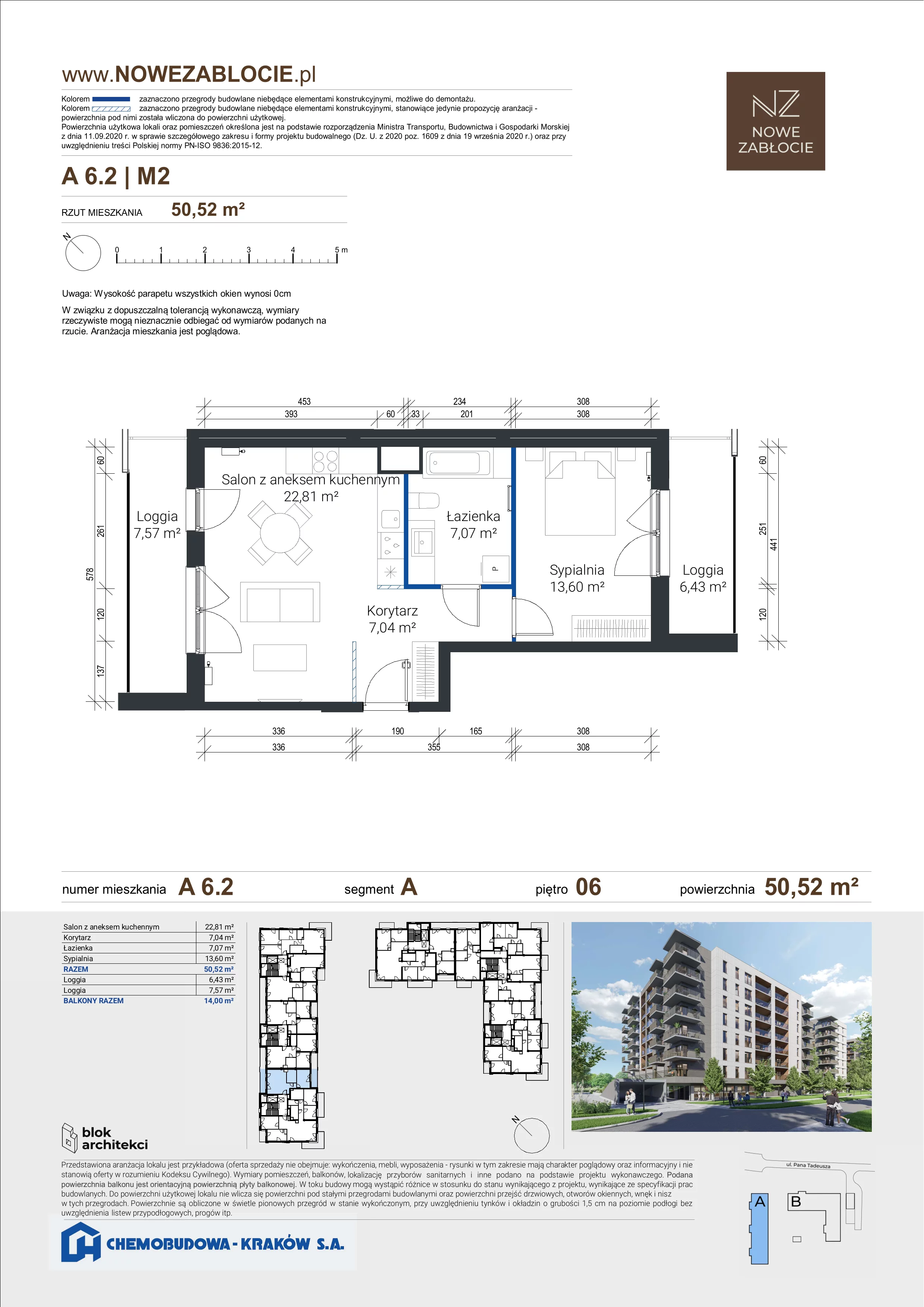 2 pokoje, mieszkanie 50,52 m², piętro 6, oferta nr A 6.2, Nowe Zabłocie, Kraków, Podgórze, Zabłocie, ul. Pana Tadeusza 7