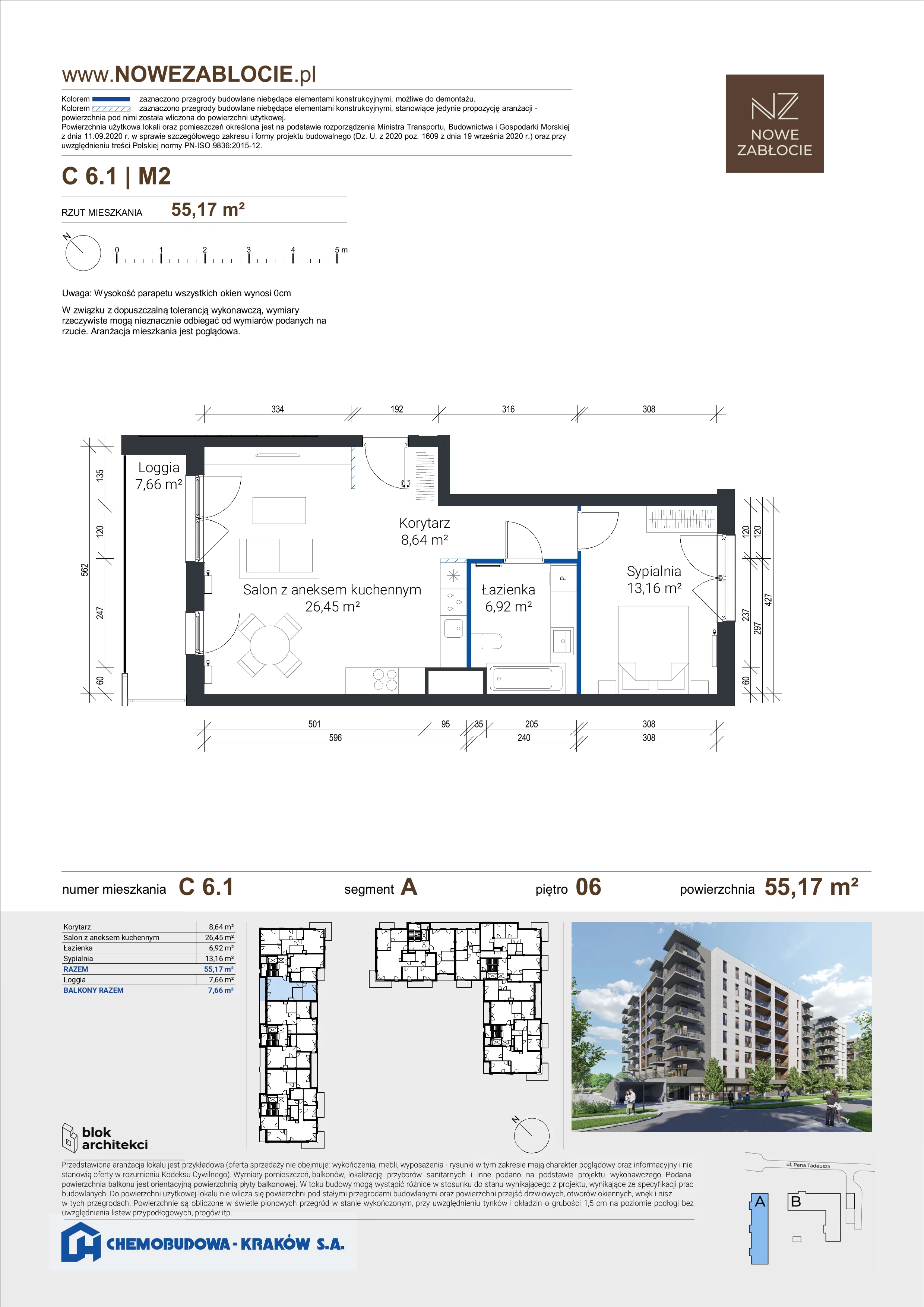 2 pokoje, mieszkanie 55,17 m², piętro 6, oferta nr C 6.1, Nowe Zabłocie, Kraków, Podgórze, Zabłocie, ul. Pana Tadeusza 7