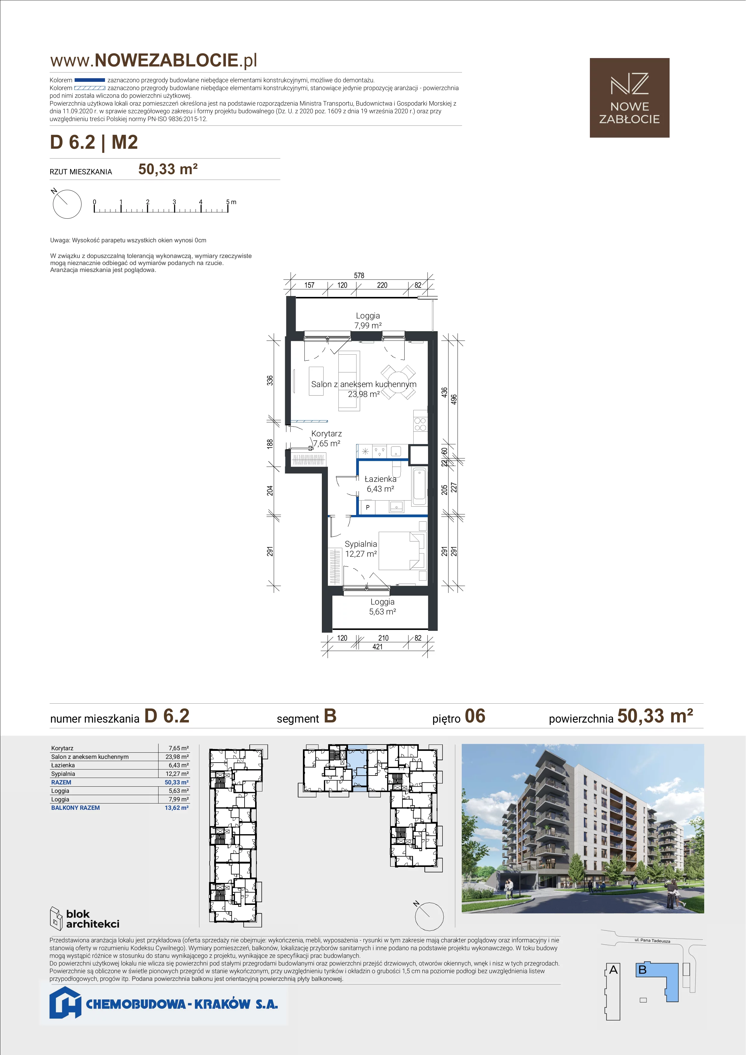 2 pokoje, mieszkanie 50,33 m², piętro 6, oferta nr D 6.2, Nowe Zabłocie, Kraków, Podgórze, Zabłocie, ul. Pana Tadeusza 7
