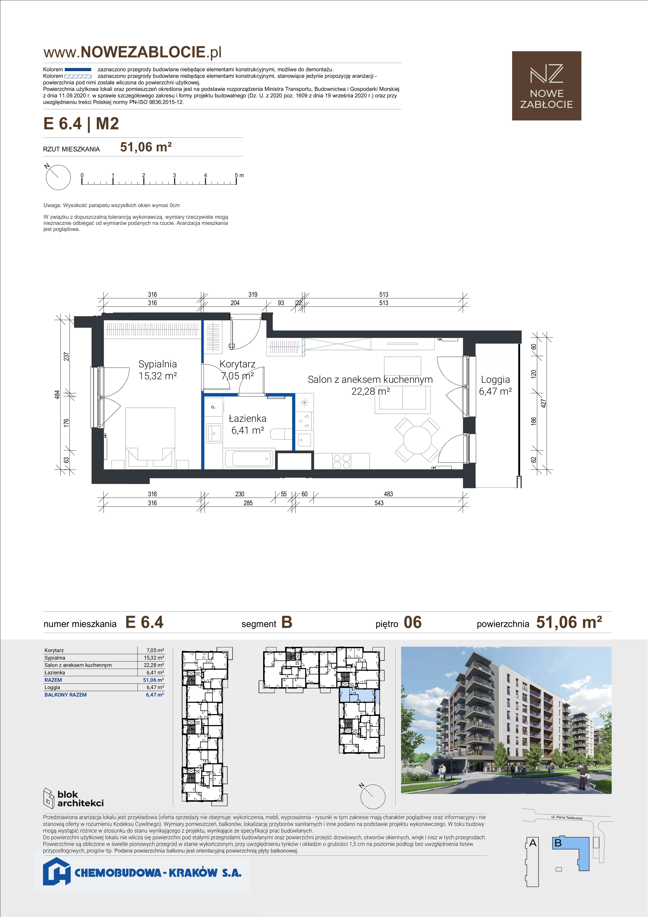 2 pokoje, mieszkanie 51,06 m², piętro 6, oferta nr E 6.4, Nowe Zabłocie, Kraków, Podgórze, Zabłocie, ul. Pana Tadeusza 7