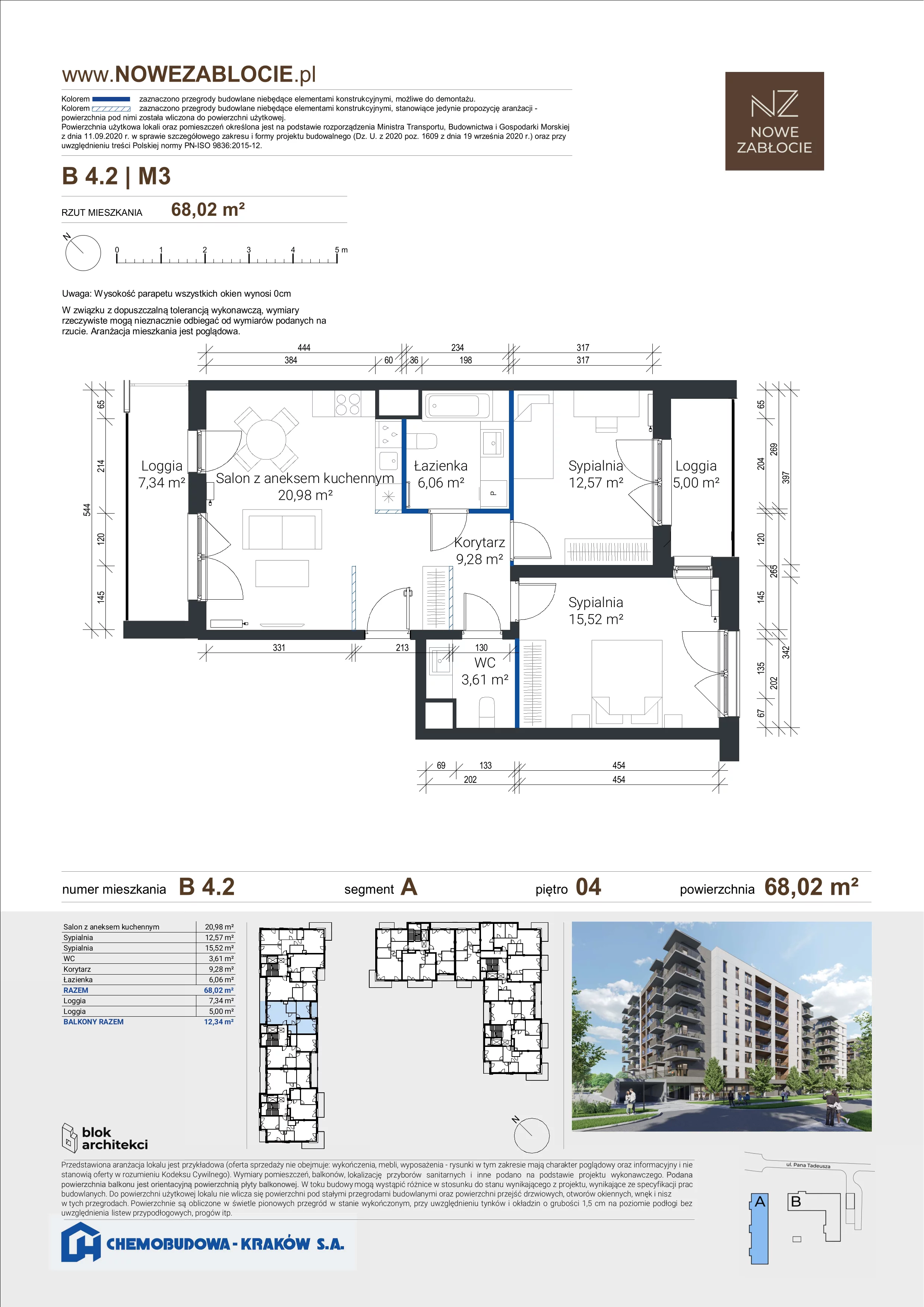 3 pokoje, mieszkanie 68,02 m², piętro 4, oferta nr B 4.2, Nowe Zabłocie, Kraków, Podgórze, Zabłocie, ul. Pana Tadeusza 7