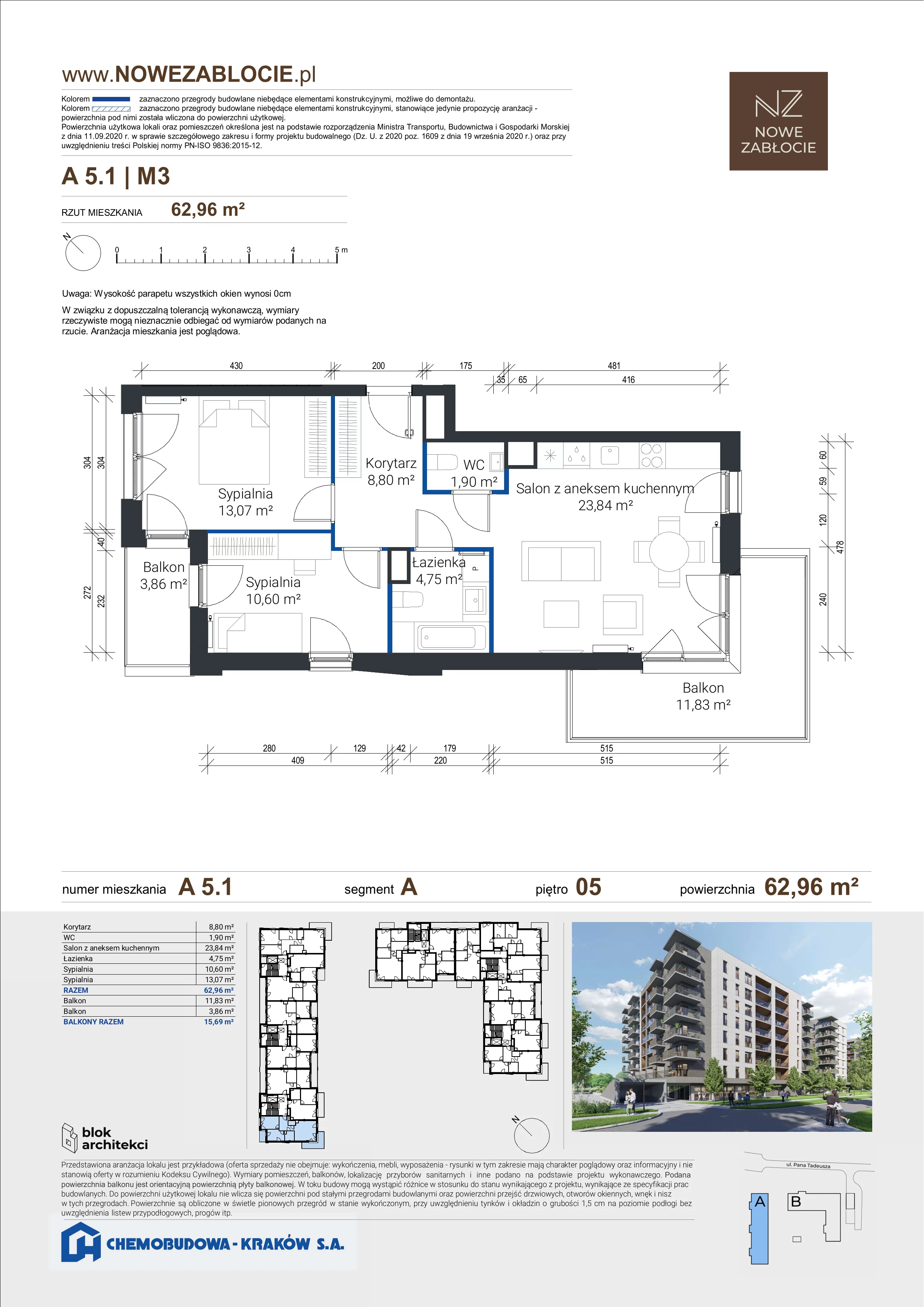 3 pokoje, mieszkanie 62,96 m², piętro 5, oferta nr A 5.1, Nowe Zabłocie, Kraków, Podgórze, Zabłocie, ul. Pana Tadeusza 7