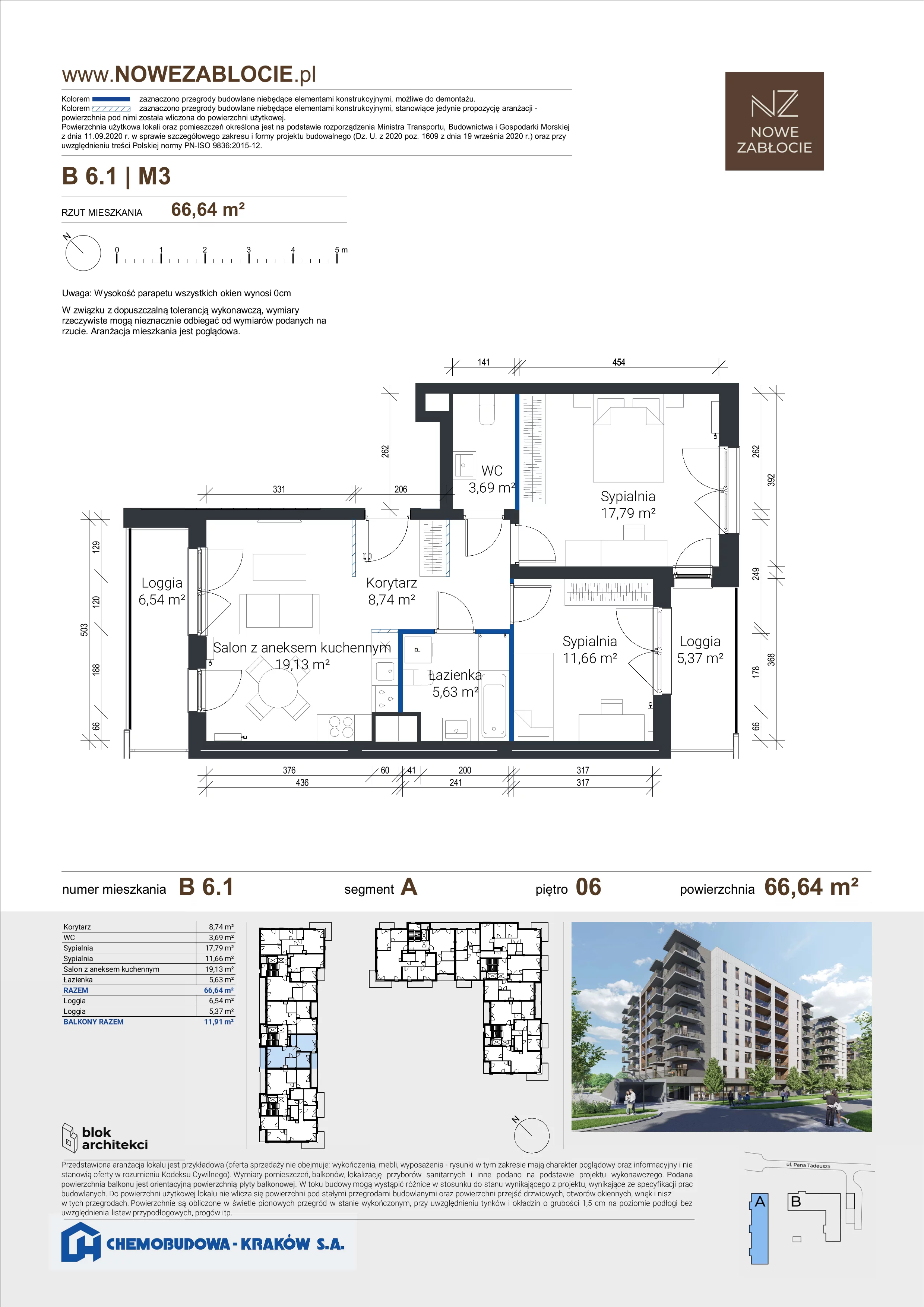 3 pokoje, mieszkanie 66,64 m², piętro 6, oferta nr B 6.1, Nowe Zabłocie, Kraków, Podgórze, Zabłocie, ul. Pana Tadeusza 7