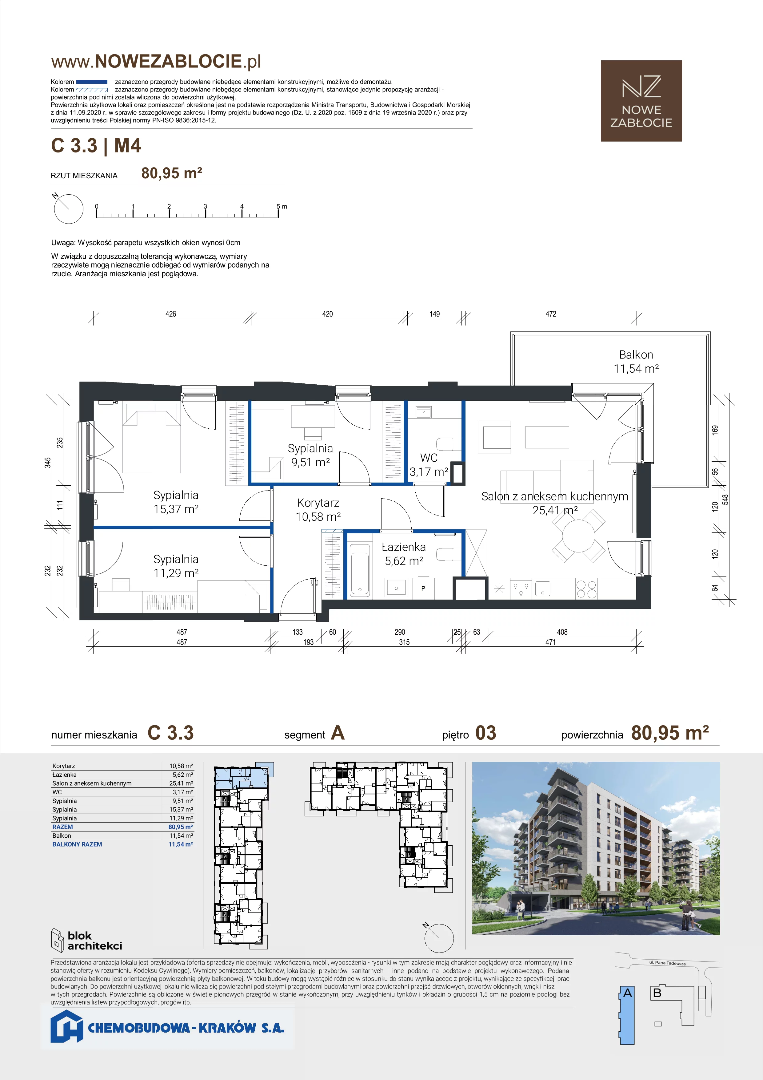 4 pokoje, mieszkanie 80,95 m², piętro 3, oferta nr C 3.3, Nowe Zabłocie, Kraków, Podgórze, Zabłocie, ul. Pana Tadeusza 7