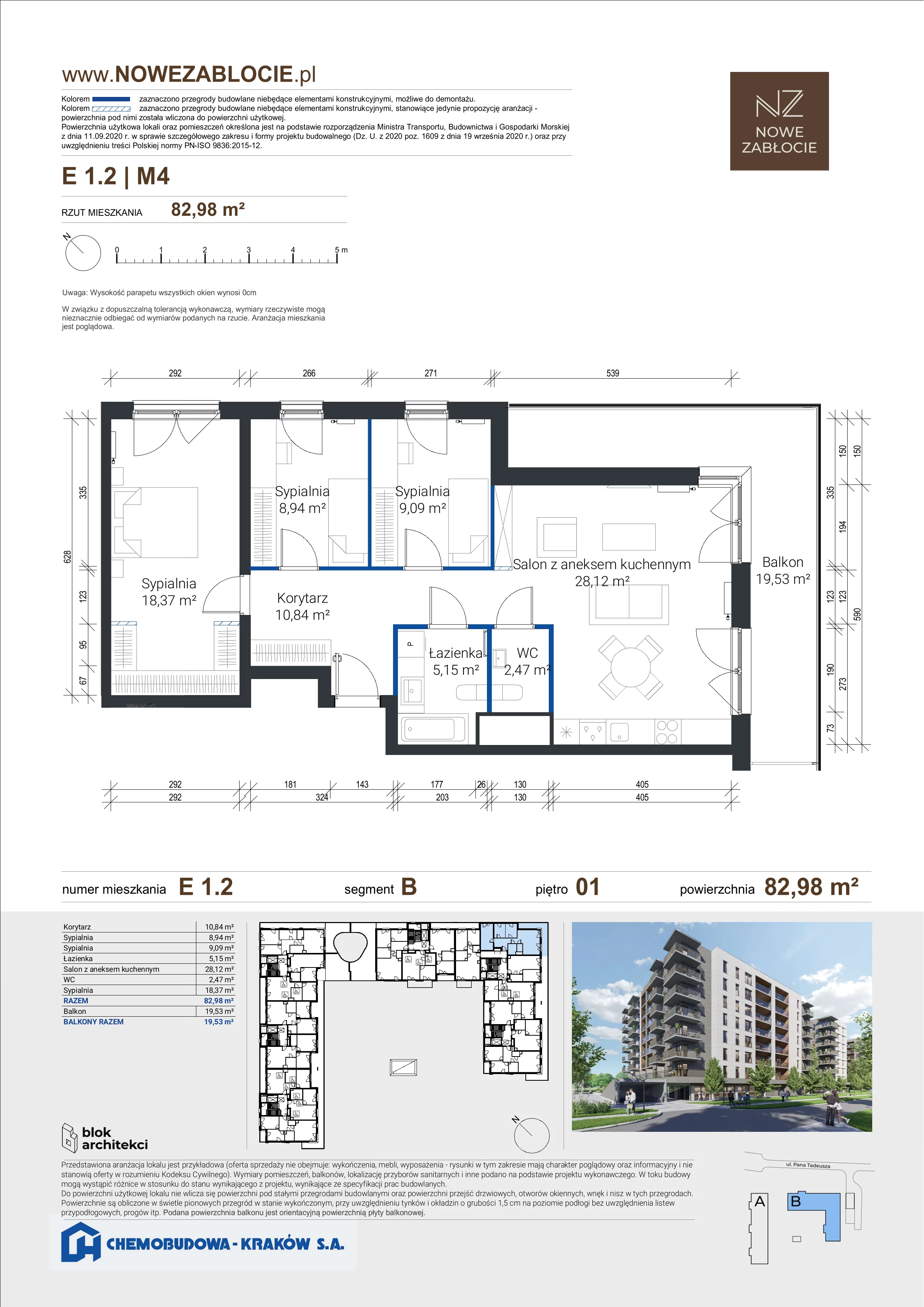 4 pokoje, mieszkanie 82,98 m², piętro 1, oferta nr E 1.2, Nowe Zabłocie, Kraków, Podgórze, Zabłocie, ul. Pana Tadeusza 7