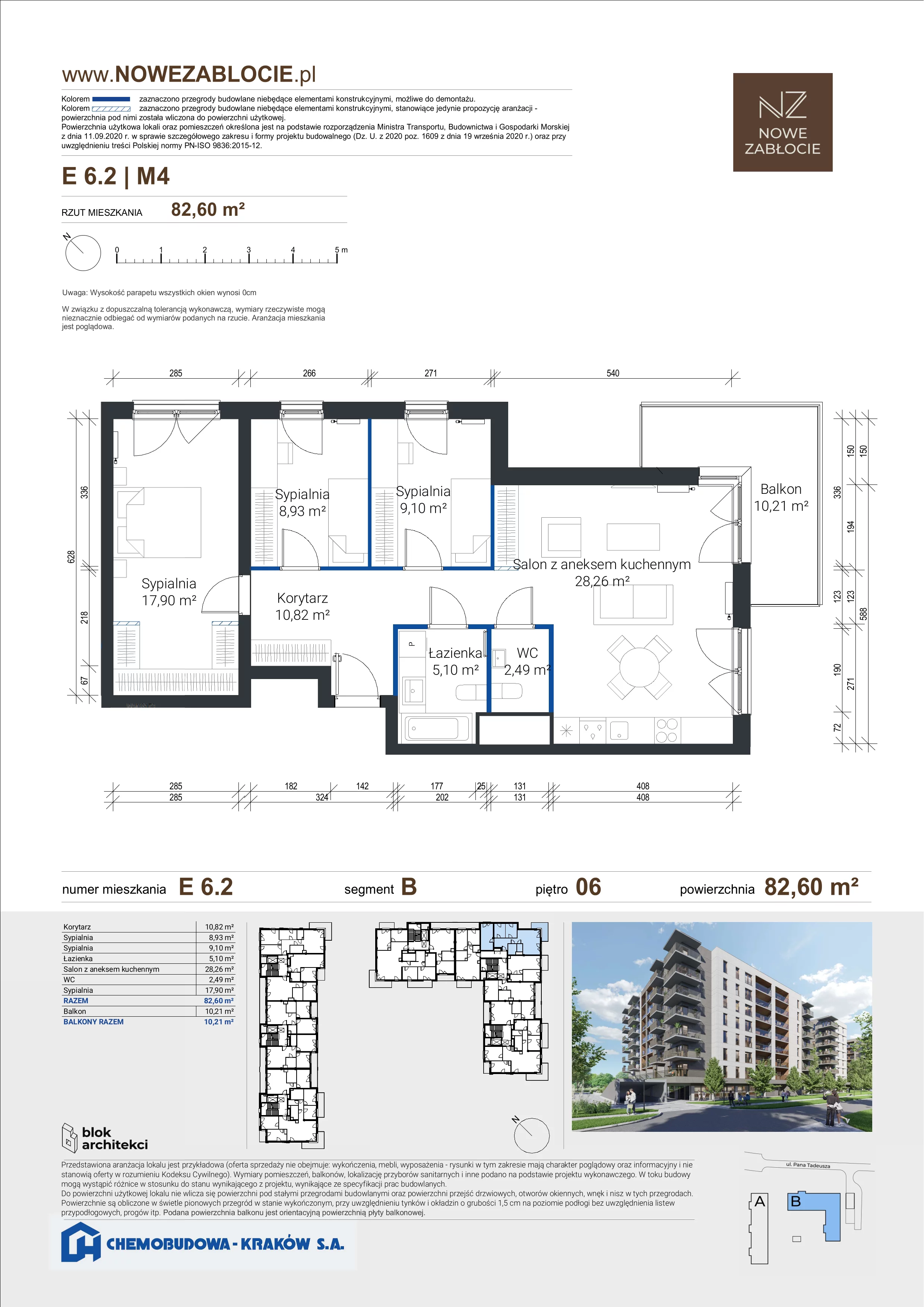 4 pokoje, mieszkanie 82,60 m², piętro 6, oferta nr E 6.2, Nowe Zabłocie, Kraków, Podgórze, Zabłocie, ul. Pana Tadeusza 7