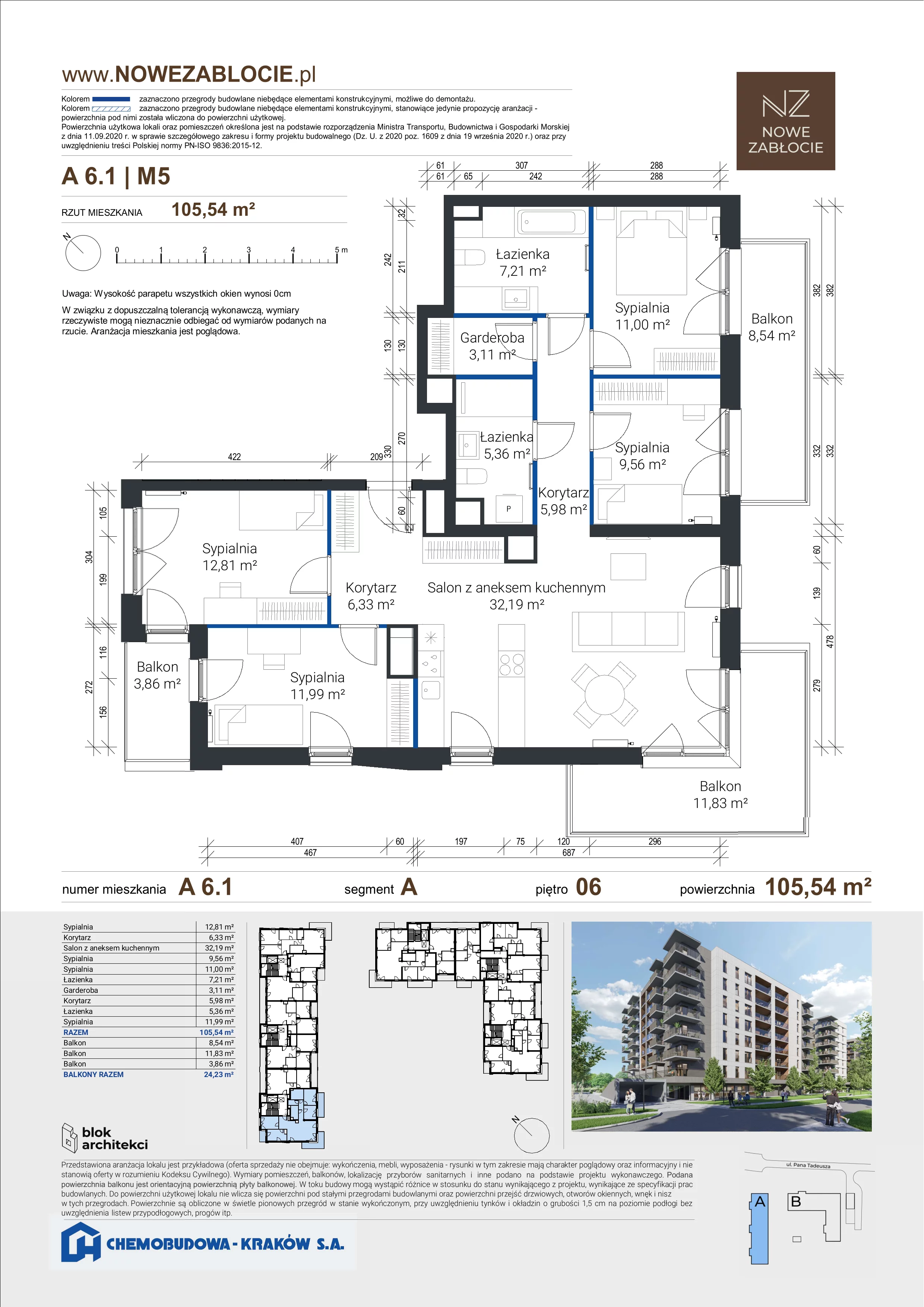 5 pokoi, apartament 105,54 m², piętro 6, oferta nr A 6.1, Nowe Zabłocie, Kraków, Podgórze, Zabłocie, ul. Pana Tadeusza 7