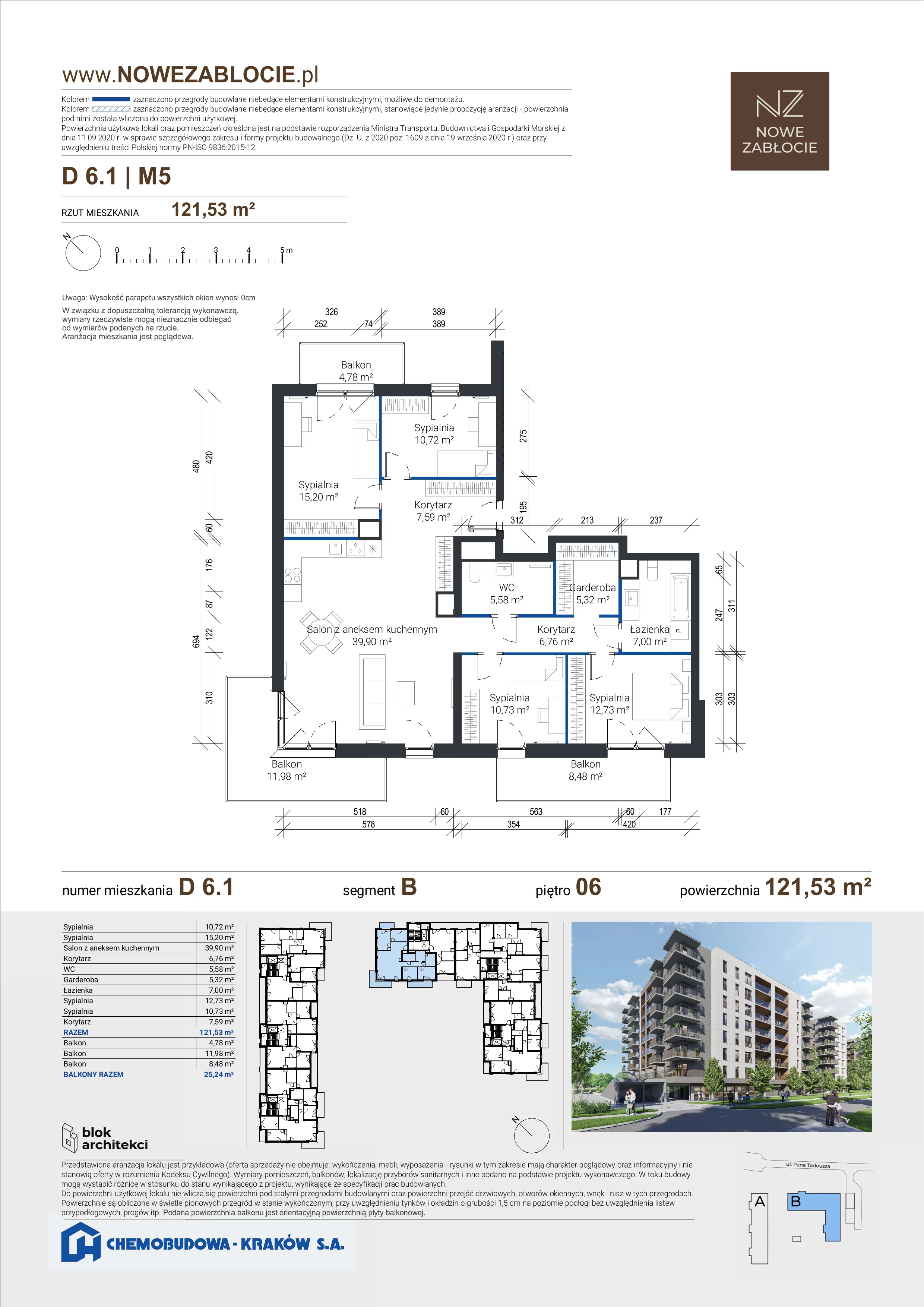 5 pokoi, apartament 121,53 m², piętro 6, oferta nr D 6.1, Nowe Zabłocie, Kraków, Podgórze, Zabłocie, ul. Pana Tadeusza 7