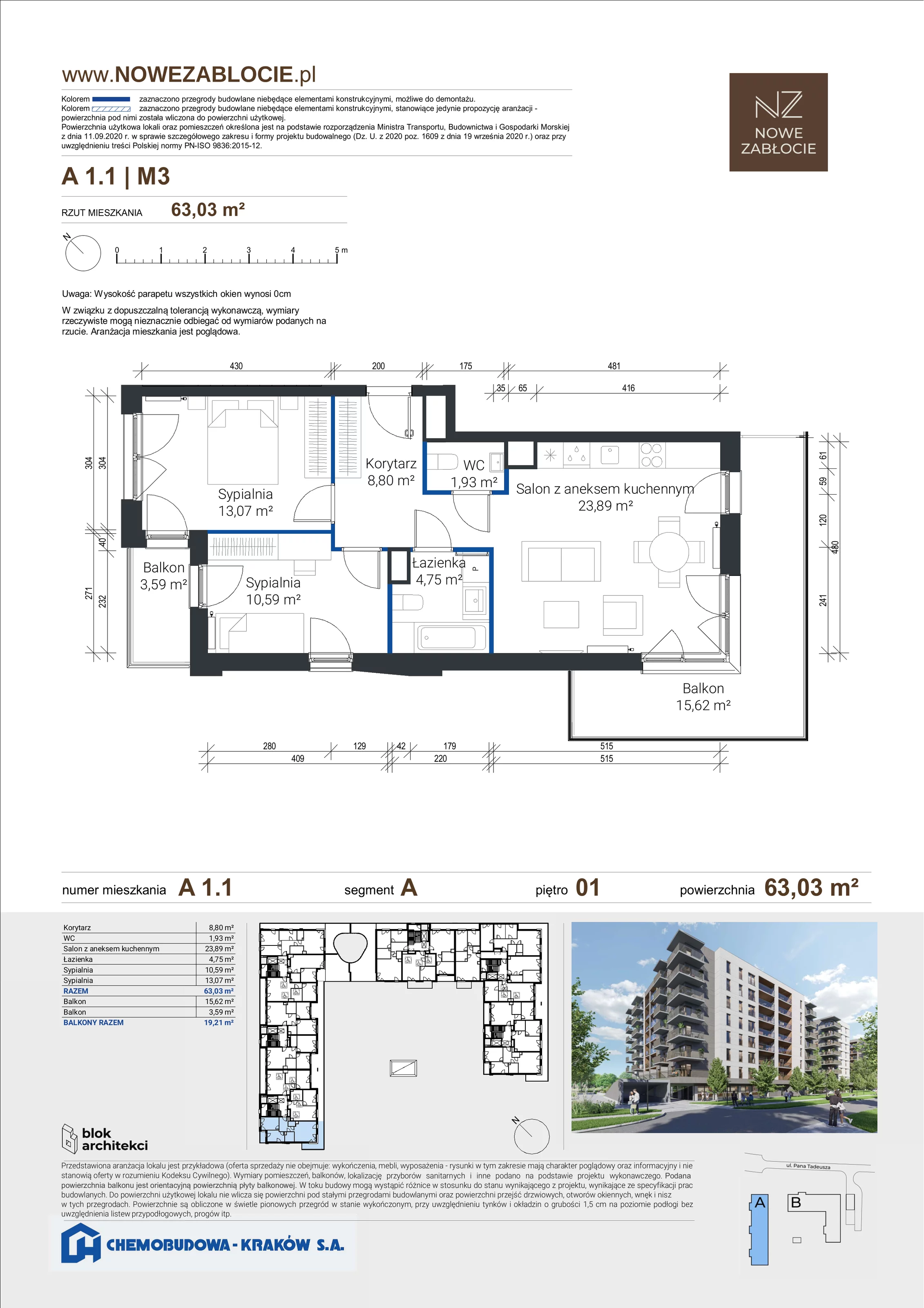 3 pokoje, apartament 63,03 m², piętro 1, oferta nr A 1.1, Nowe Zabłocie, Kraków, Podgórze, Zabłocie, ul. Pana Tadeusza 7