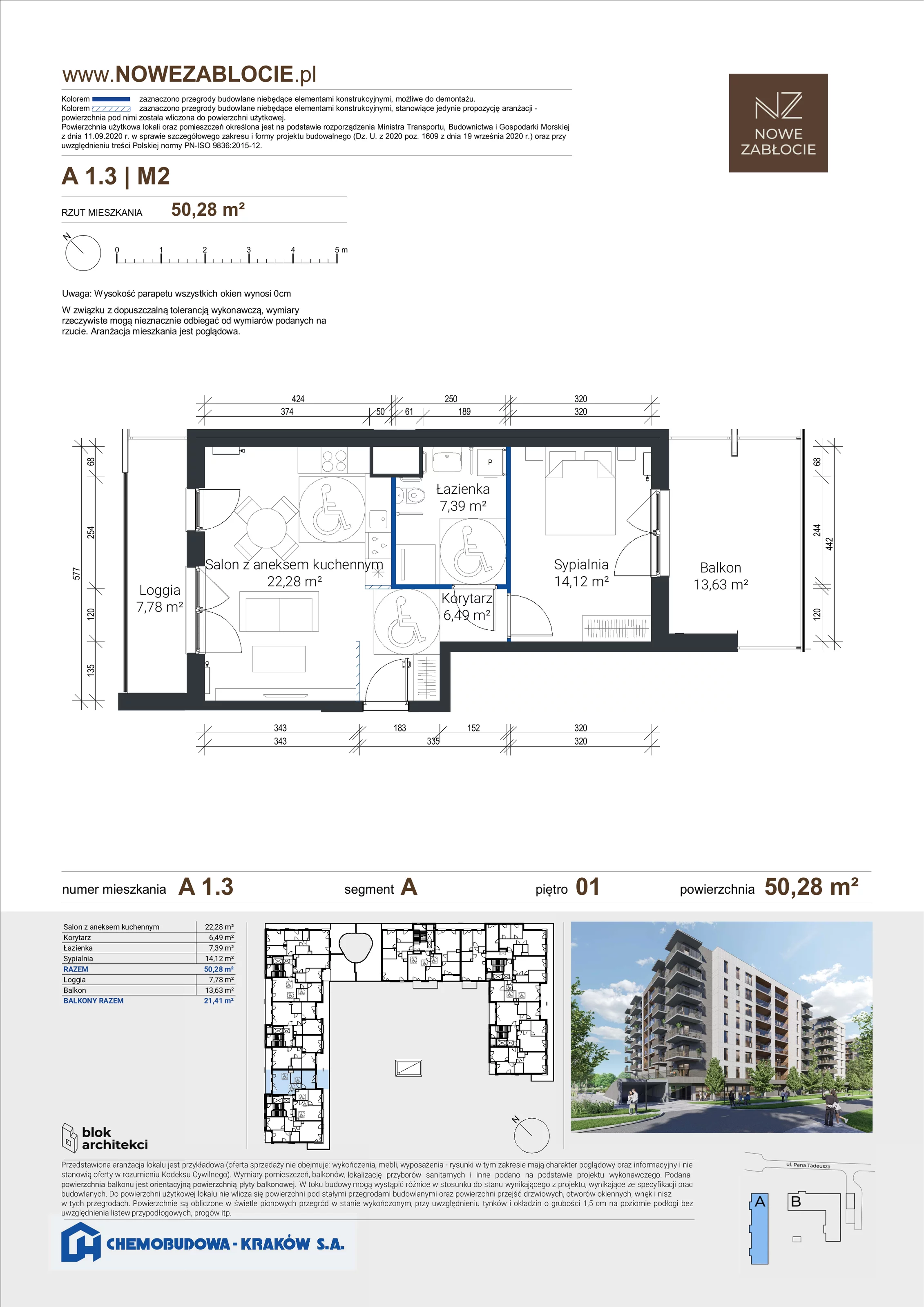 2 pokoje, apartament 50,28 m², piętro 1, oferta nr A 1.3, Nowe Zabłocie, Kraków, Podgórze, Zabłocie, ul. Pana Tadeusza 7