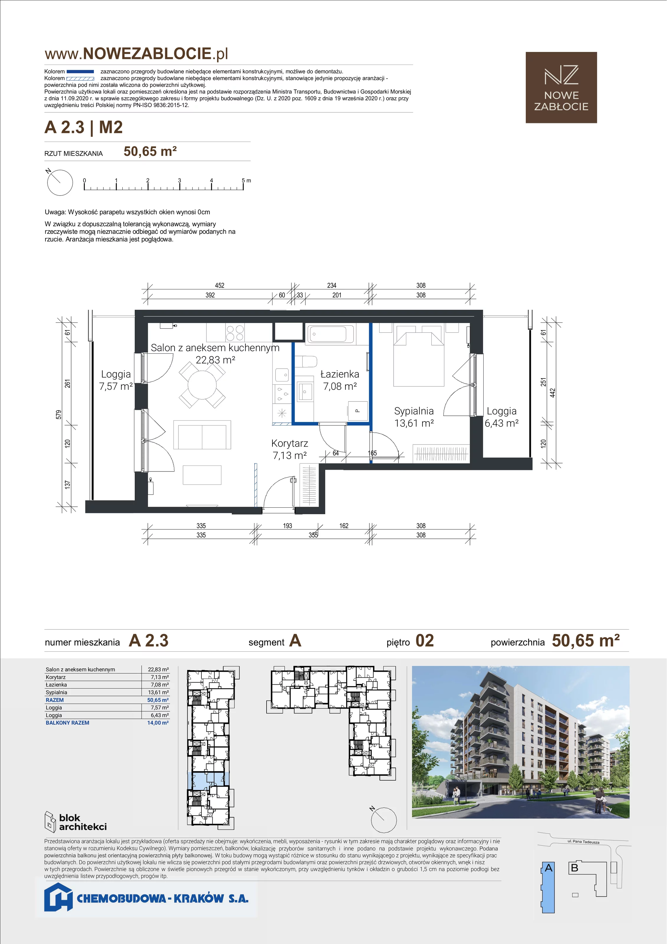 2 pokoje, apartament 50,65 m², piętro 2, oferta nr A 2.3, Nowe Zabłocie, Kraków, Podgórze, Zabłocie, ul. Pana Tadeusza 7