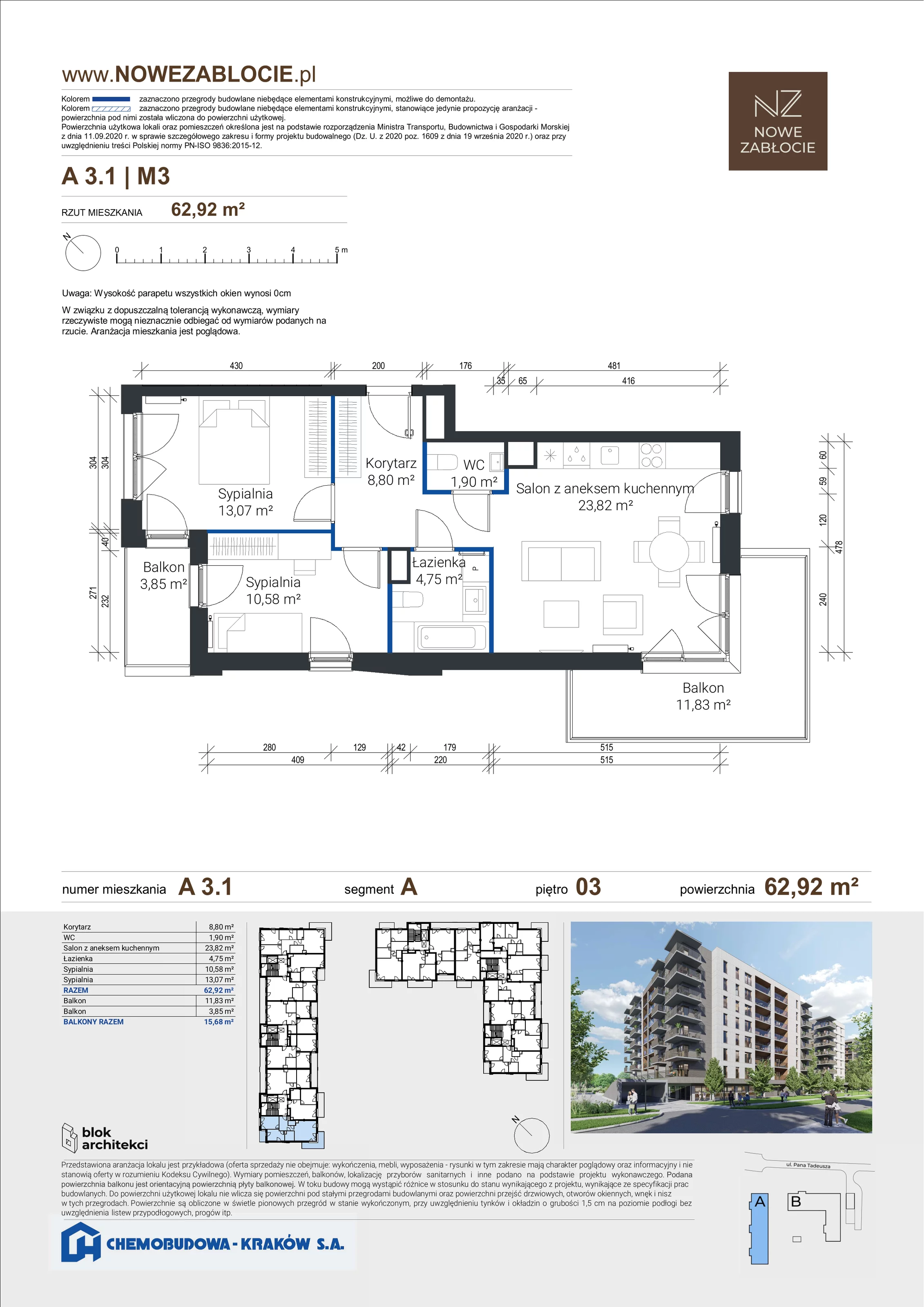 3 pokoje, apartament 62,92 m², piętro 3, oferta nr A 3.1, Nowe Zabłocie, Kraków, Podgórze, Zabłocie, ul. Pana Tadeusza 7