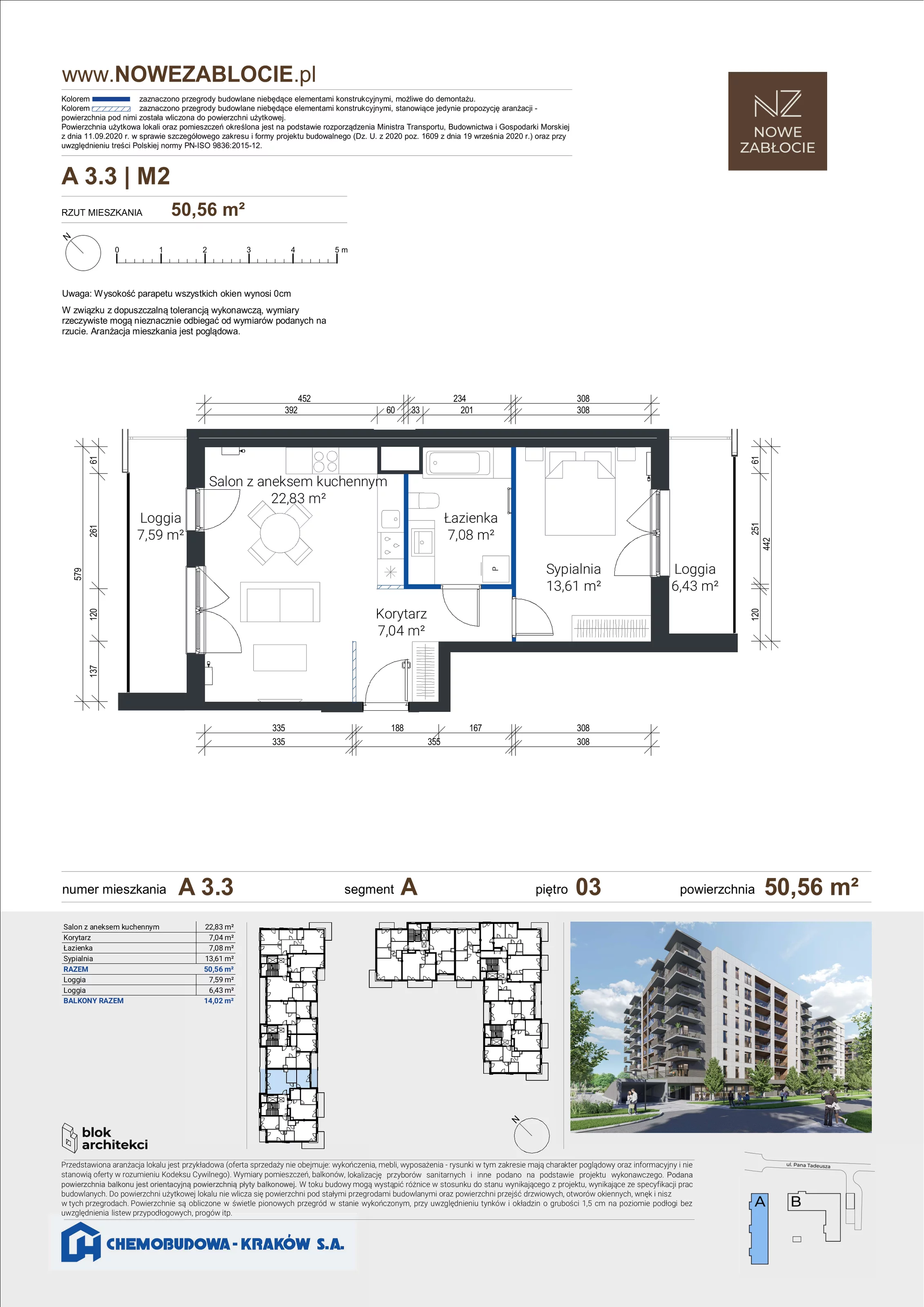 2 pokoje, apartament 50,56 m², piętro 3, oferta nr A 3.3, Nowe Zabłocie, Kraków, Podgórze, Zabłocie, ul. Pana Tadeusza 7