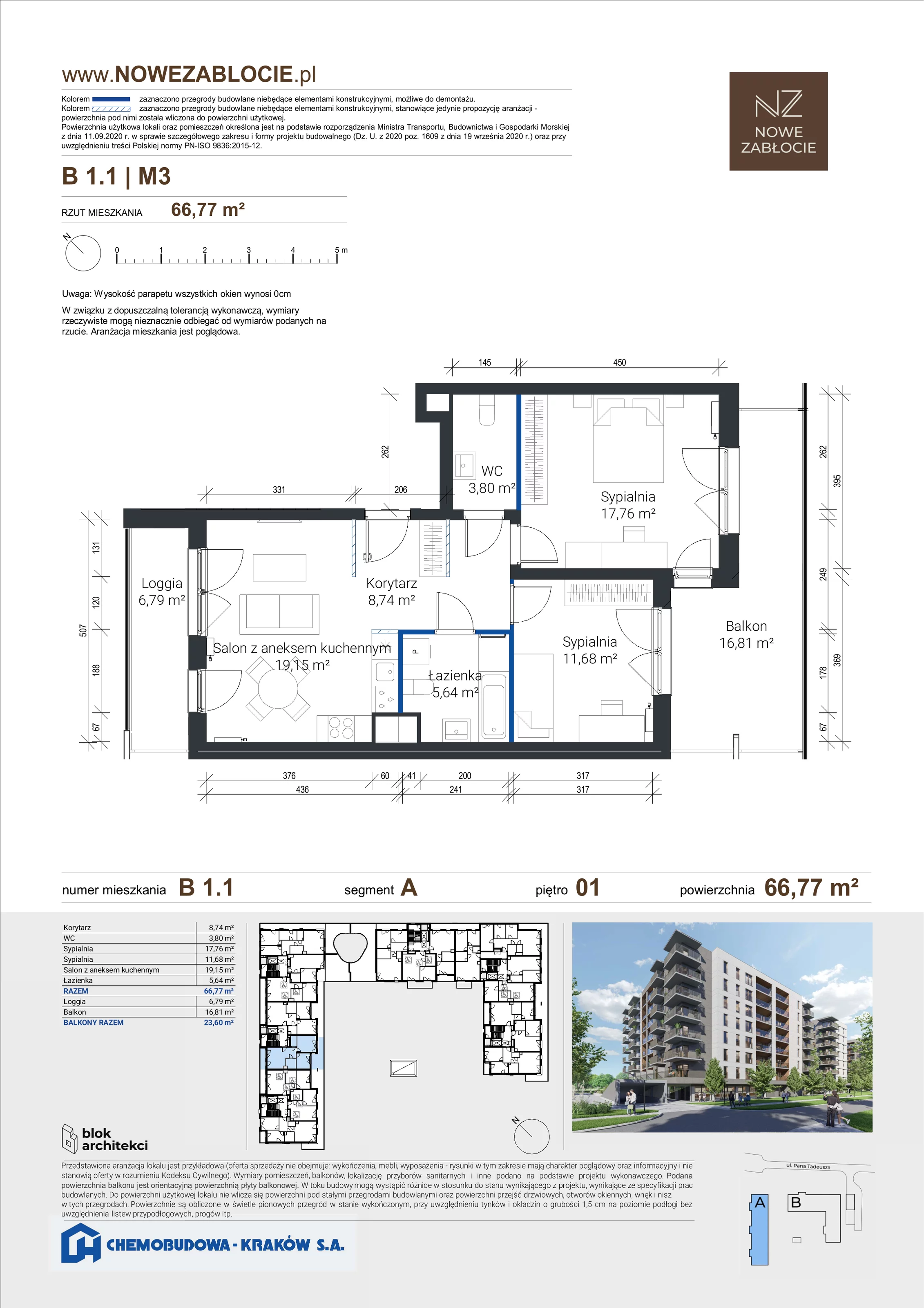 3 pokoje, apartament 66,77 m², piętro 1, oferta nr B 1.1, Nowe Zabłocie, Kraków, Podgórze, Zabłocie, ul. Pana Tadeusza 7