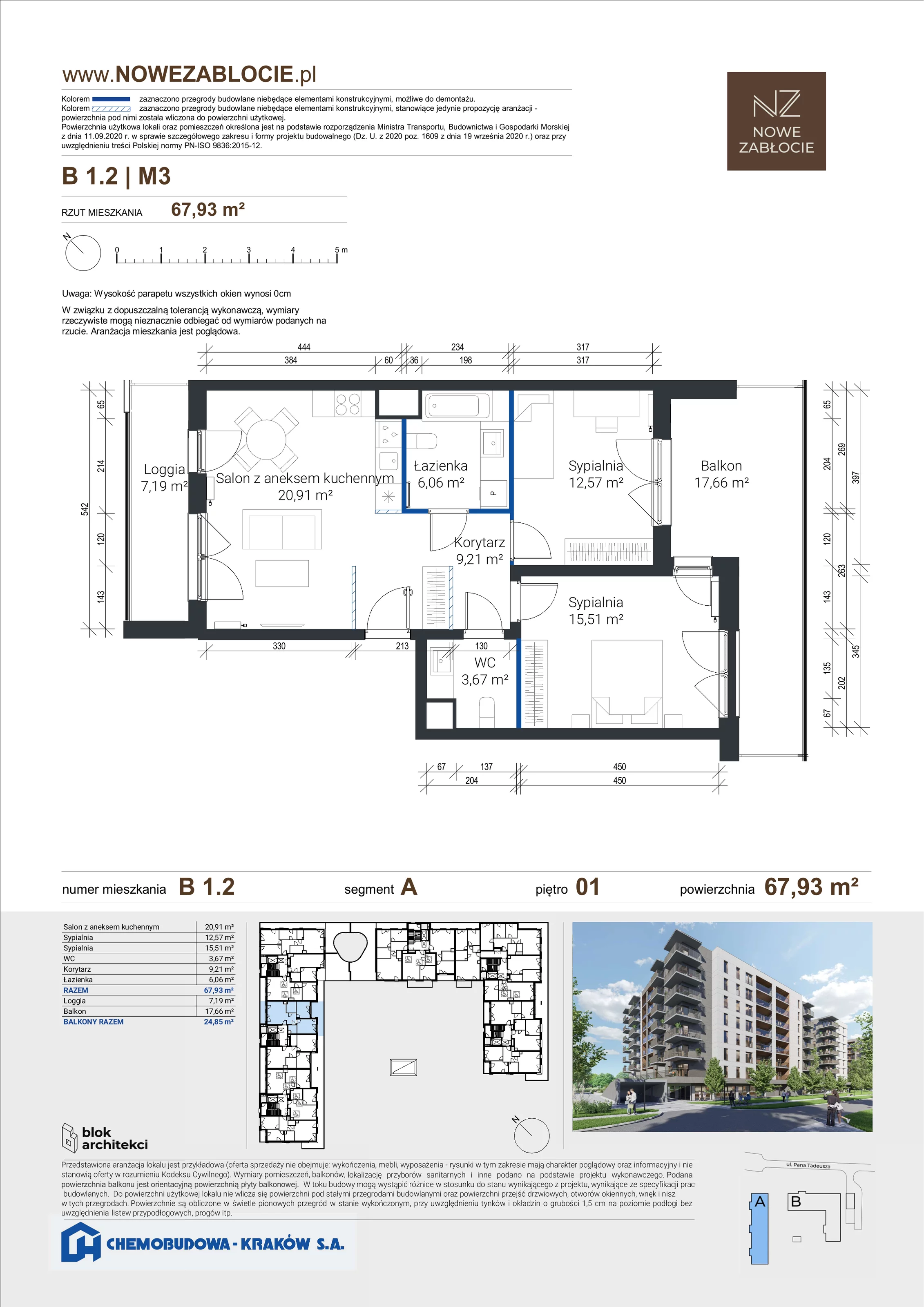 3 pokoje, apartament 67,93 m², piętro 1, oferta nr B 1.2, Nowe Zabłocie, Kraków, Podgórze, Zabłocie, ul. Pana Tadeusza 7