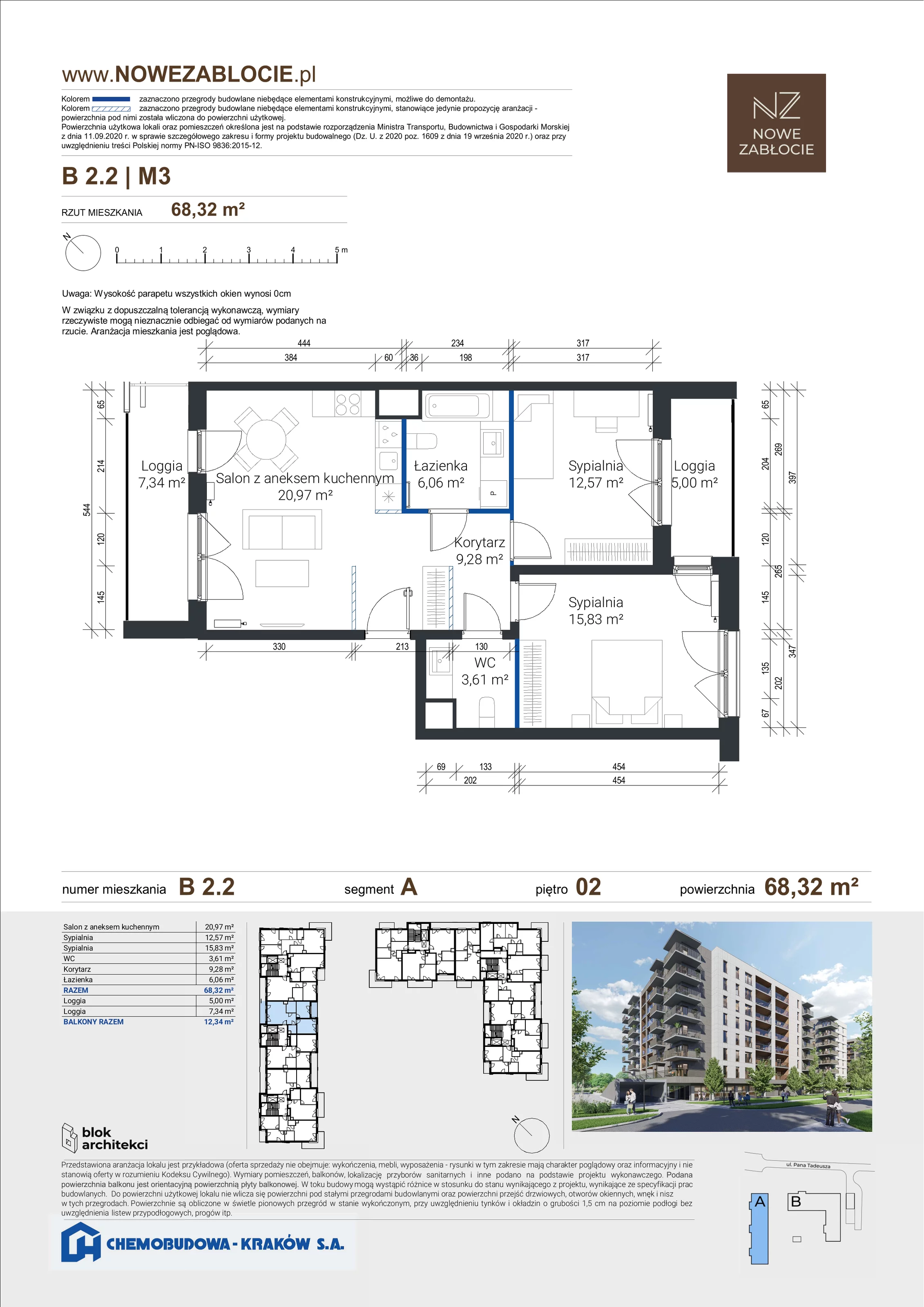 3 pokoje, apartament 68,32 m², piętro 2, oferta nr B 2.2, Nowe Zabłocie, Kraków, Podgórze, Zabłocie, ul. Pana Tadeusza 7