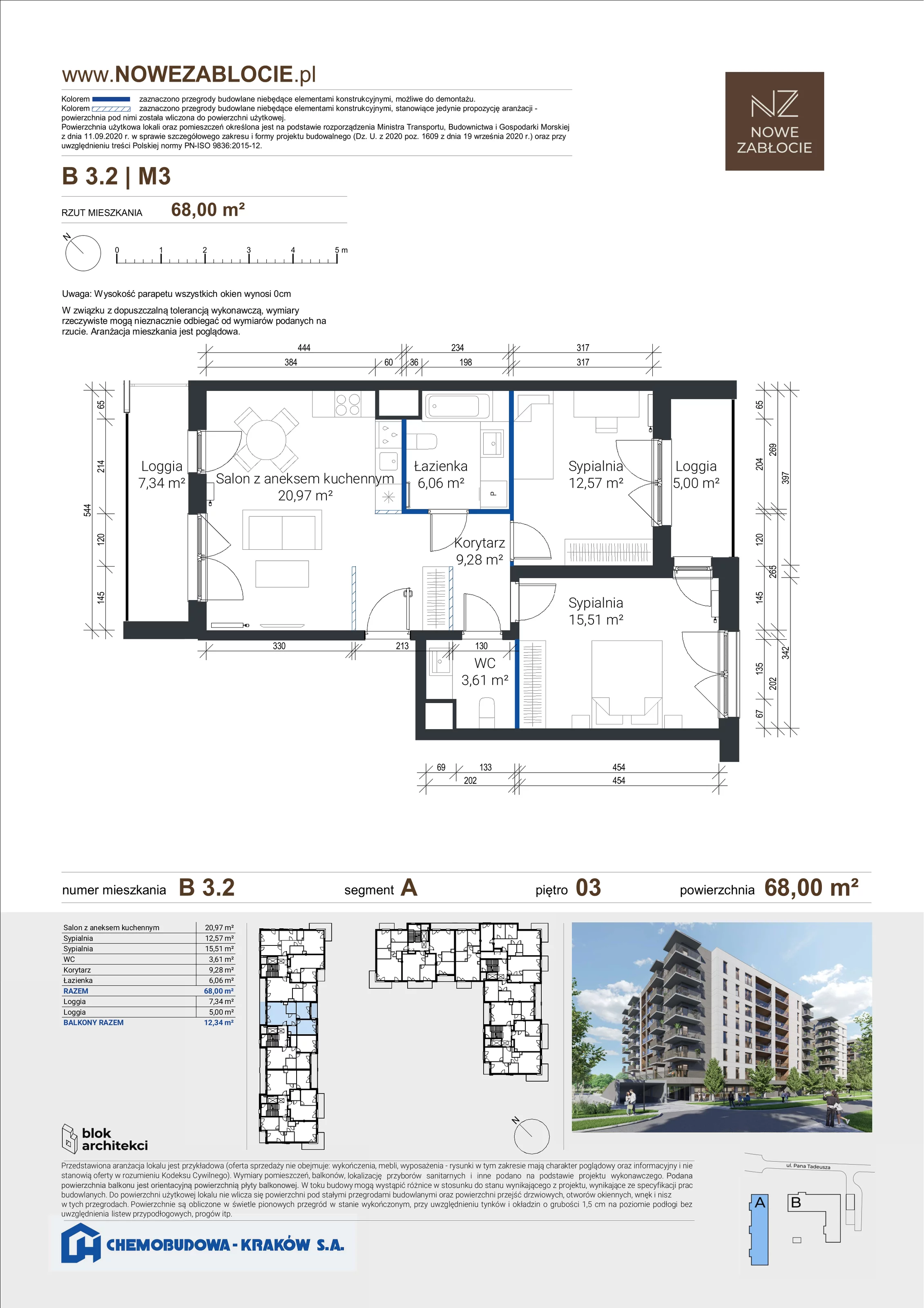 3 pokoje, apartament 68,00 m², piętro 3, oferta nr B 3.2, Nowe Zabłocie, Kraków, Podgórze, Zabłocie, ul. Pana Tadeusza 7