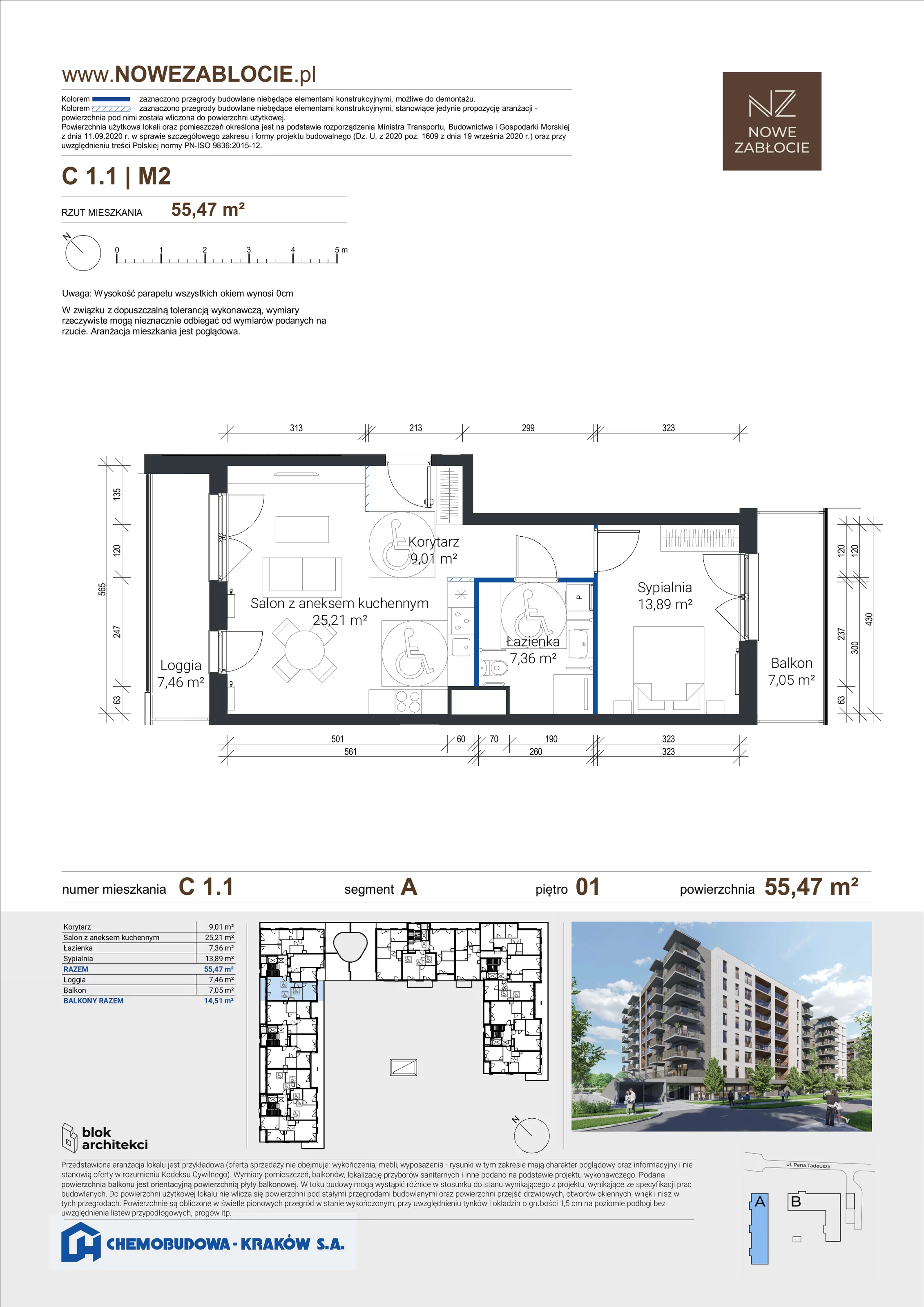 2 pokoje, apartament 55,47 m², piętro 1, oferta nr C 1.1, Nowe Zabłocie, Kraków, Podgórze, Zabłocie, ul. Pana Tadeusza 7