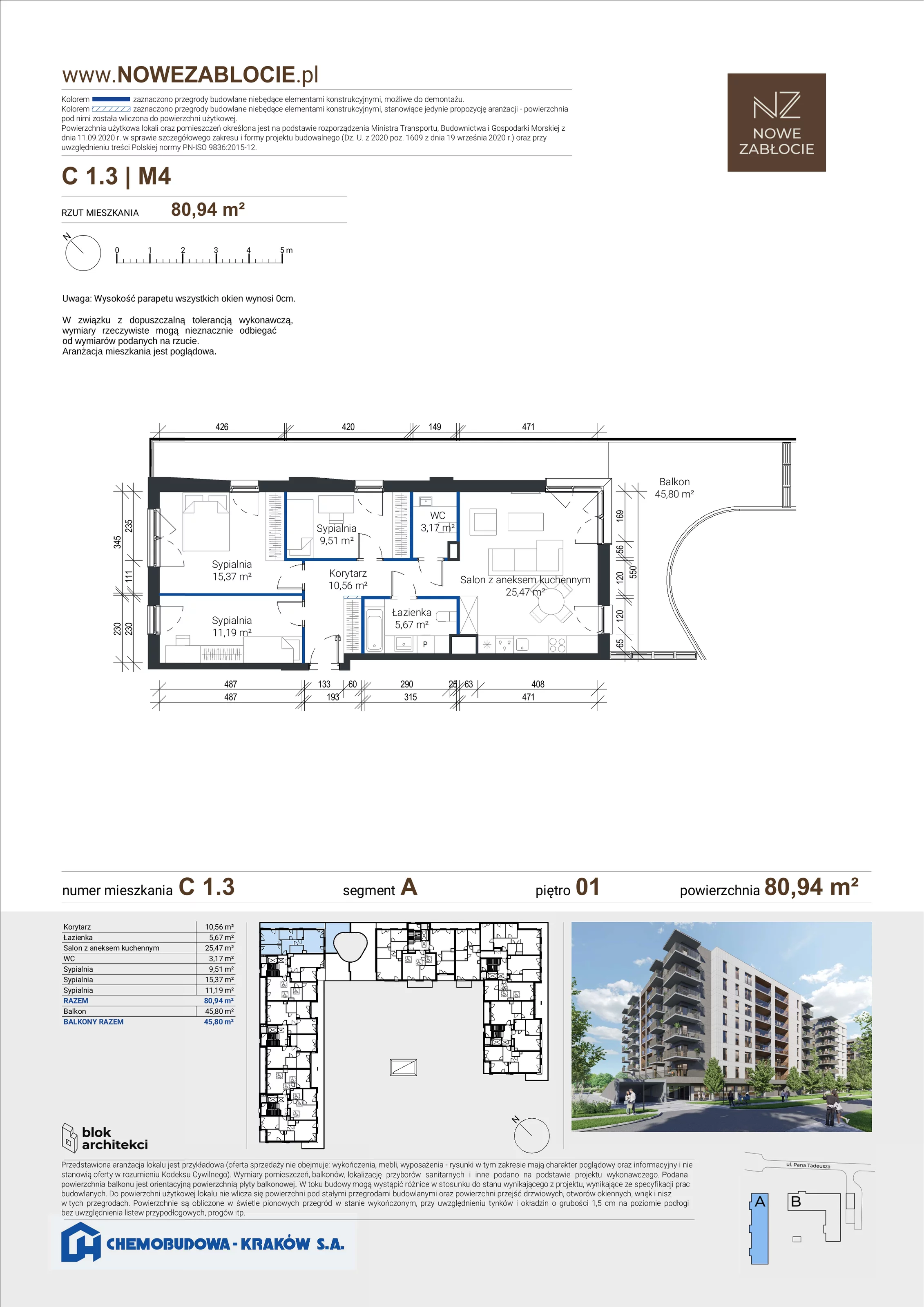 4 pokoje, apartament 80,94 m², piętro 1, oferta nr C 1.3, Nowe Zabłocie, Kraków, Podgórze, Zabłocie, ul. Pana Tadeusza 7