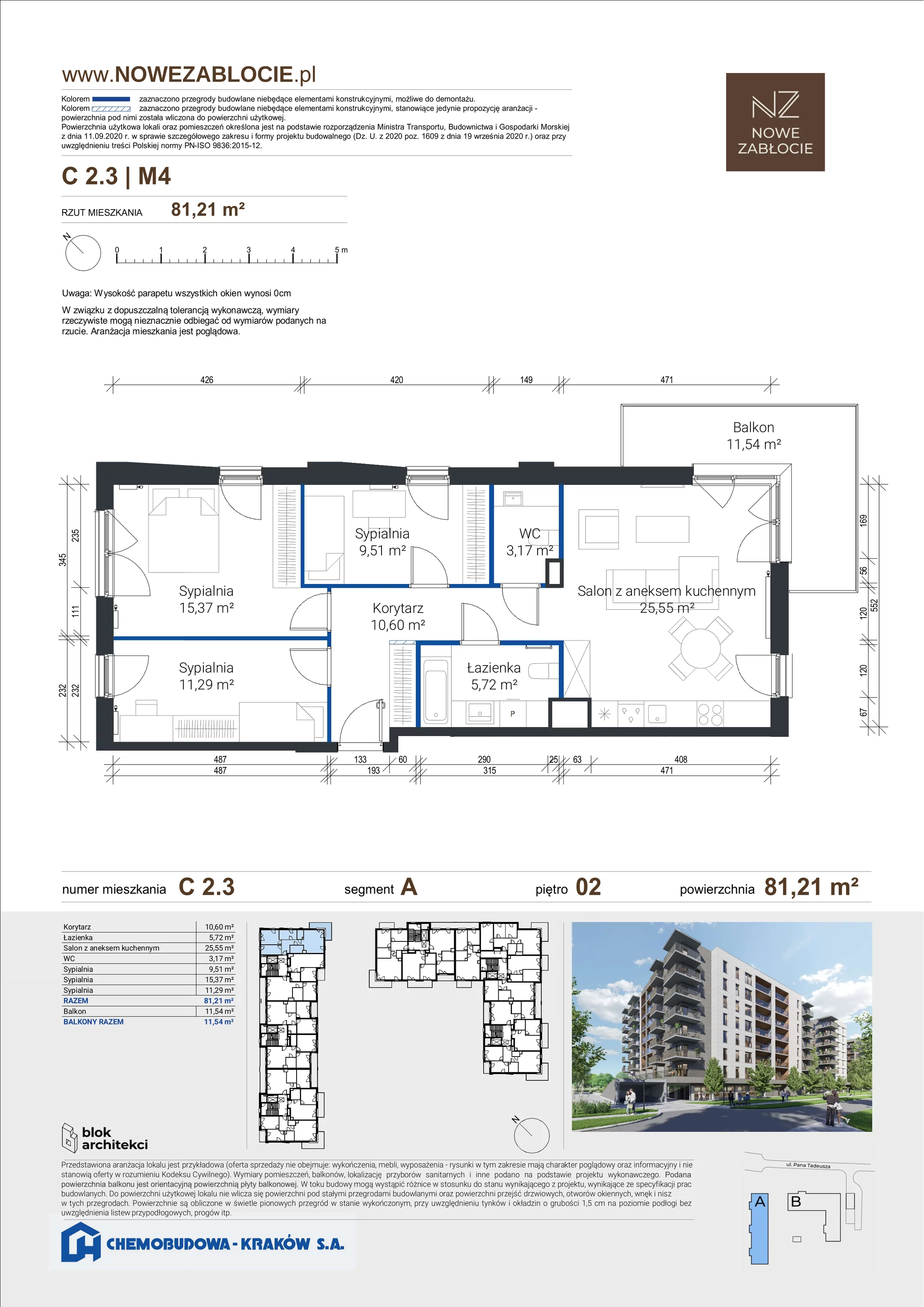 4 pokoje, apartament 81,21 m², piętro 2, oferta nr C 2.3, Nowe Zabłocie, Kraków, Podgórze, Zabłocie, ul. Pana Tadeusza 7