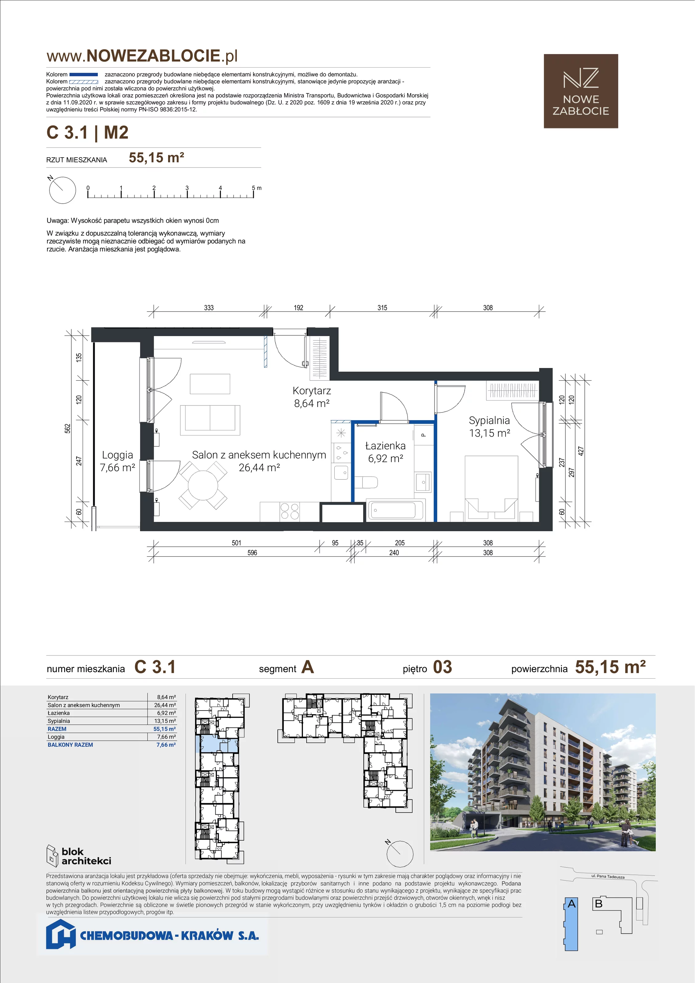 2 pokoje, apartament 55,15 m², piętro 3, oferta nr C 3.1, Nowe Zabłocie, Kraków, Podgórze, Zabłocie, ul. Pana Tadeusza 7