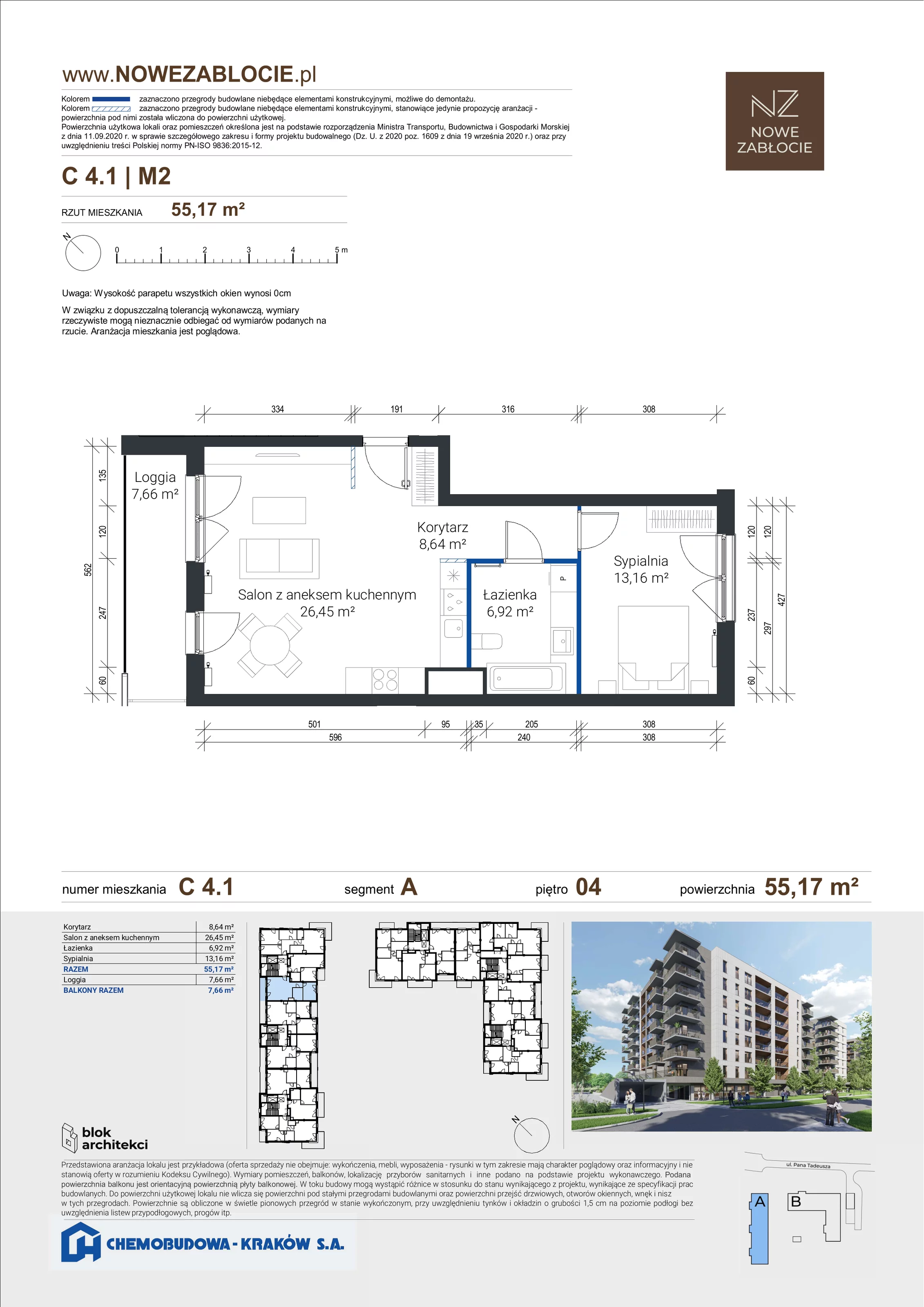 2 pokoje, apartament 55,17 m², piętro 4, oferta nr C 4.1, Nowe Zabłocie, Kraków, Podgórze, Zabłocie, ul. Pana Tadeusza 7