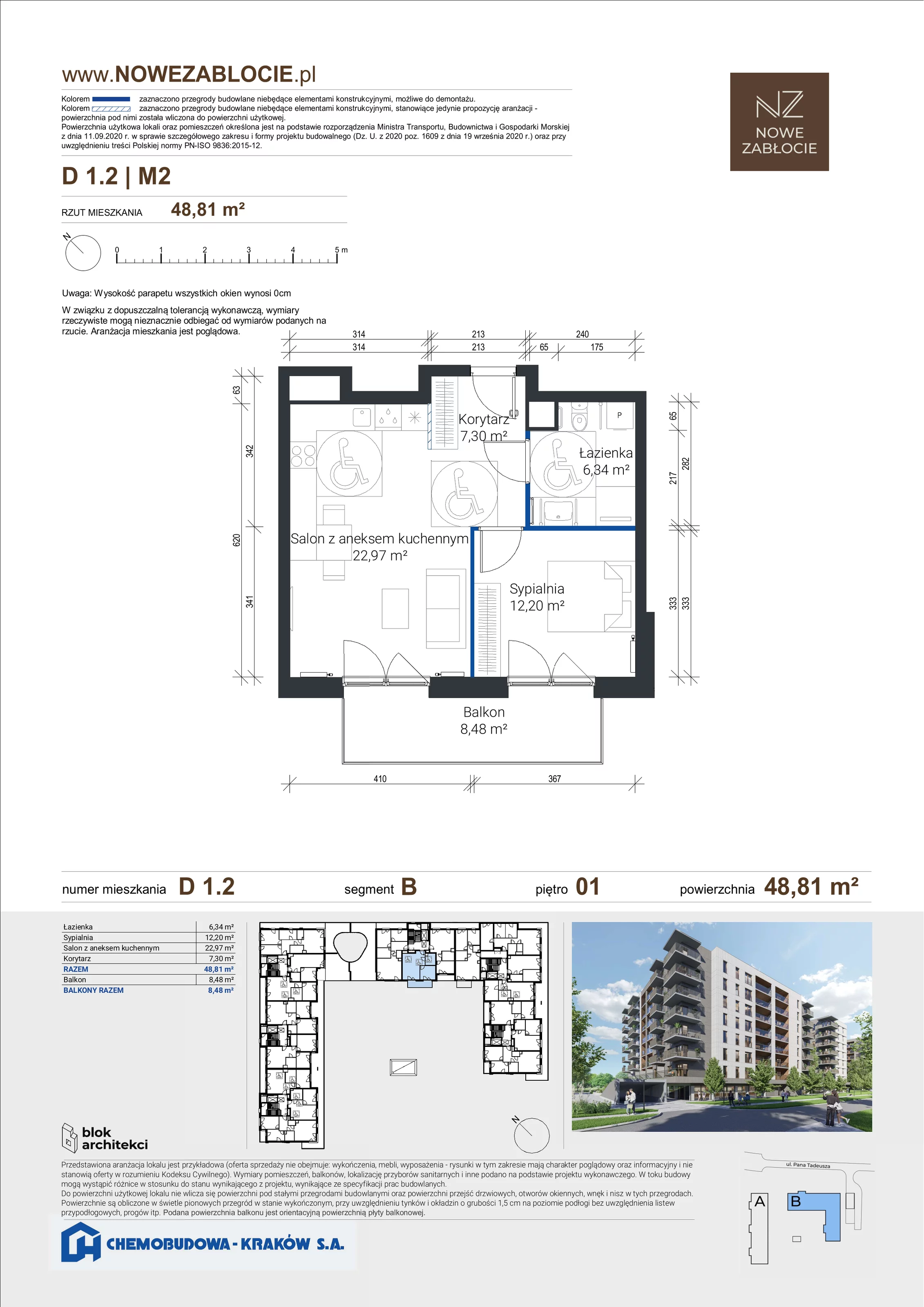 2 pokoje, apartament 48,81 m², piętro 1, oferta nr D 1.2, Nowe Zabłocie, Kraków, Podgórze, Zabłocie, ul. Pana Tadeusza 7