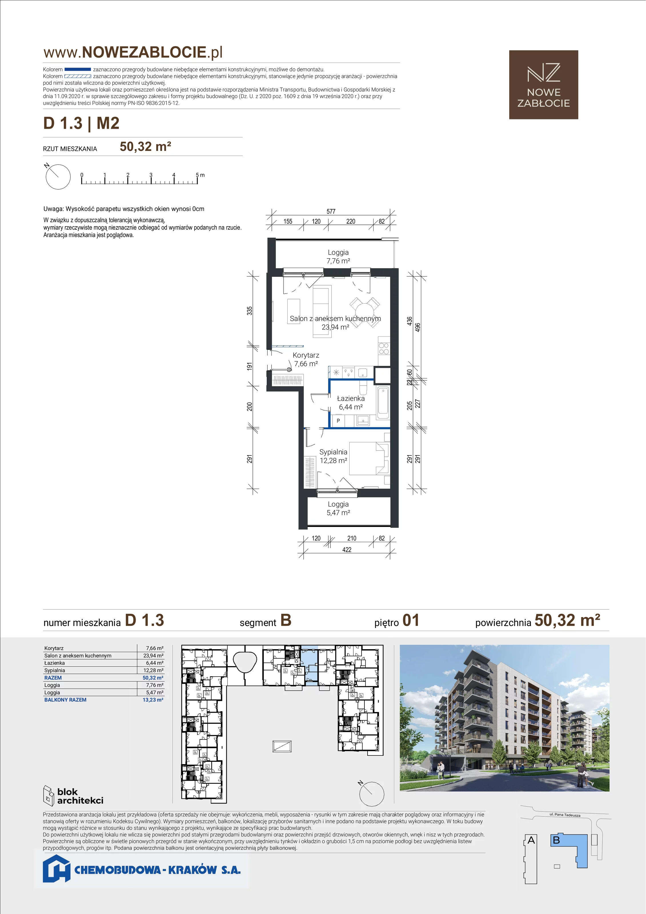 2 pokoje, apartament 50,32 m², piętro 1, oferta nr D 1.3, Nowe Zabłocie, Kraków, Podgórze, Zabłocie, ul. Pana Tadeusza 7