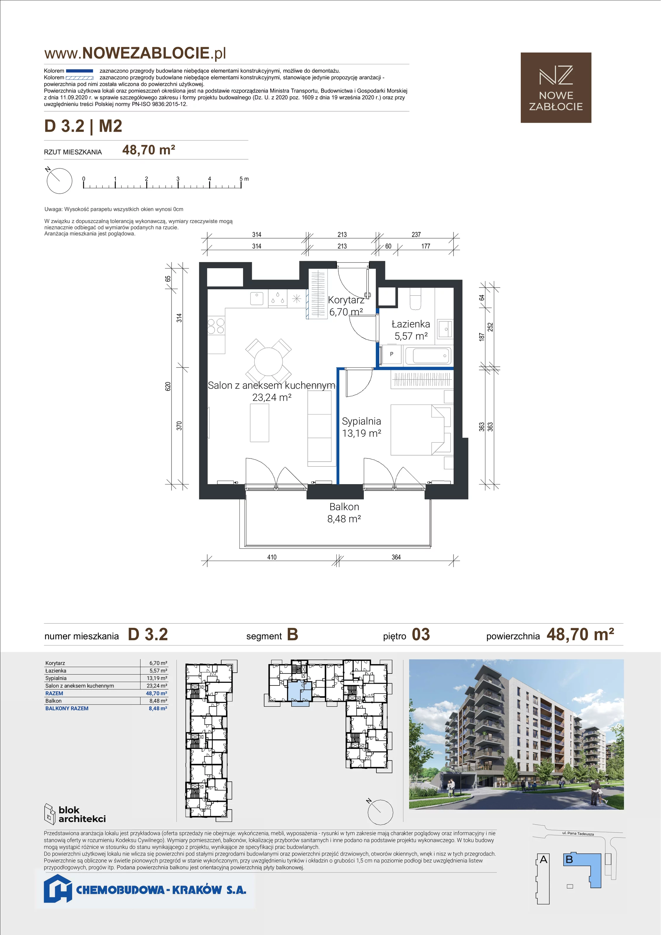 2 pokoje, apartament 48,70 m², piętro 3, oferta nr D 3.2, Nowe Zabłocie, Kraków, Podgórze, Zabłocie, ul. Pana Tadeusza 7