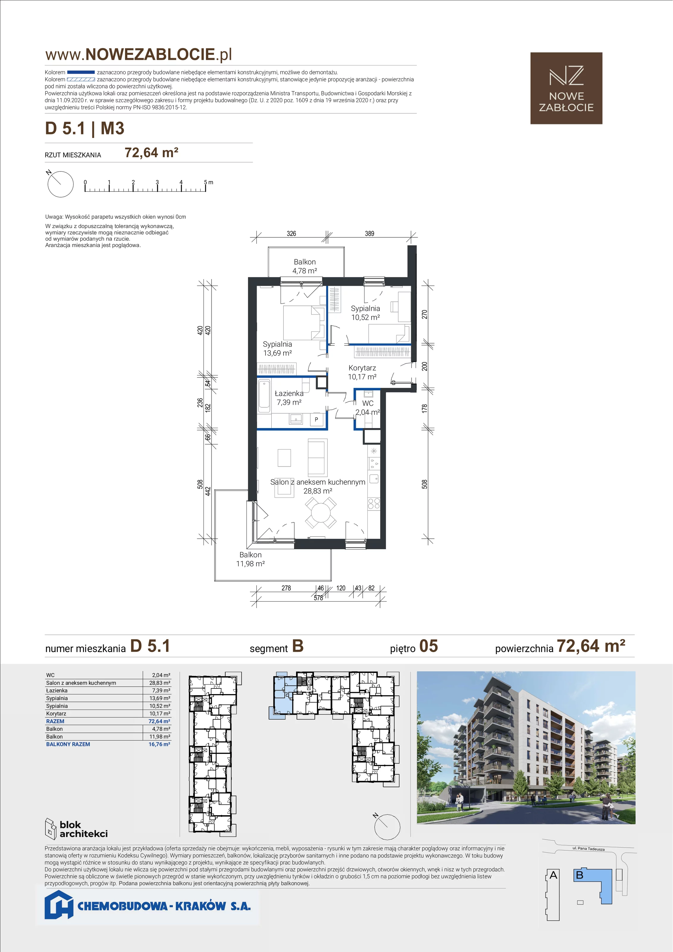 3 pokoje, apartament 72,64 m², piętro 5, oferta nr D 5.1, Nowe Zabłocie, Kraków, Podgórze, Zabłocie, ul. Pana Tadeusza 7