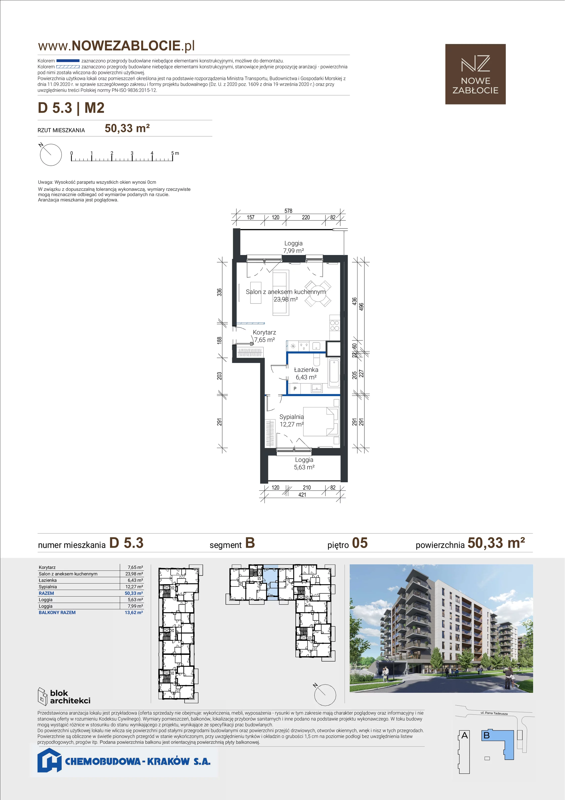 2 pokoje, apartament 50,33 m², piętro 5, oferta nr D 5.3, Nowe Zabłocie, Kraków, Podgórze, Zabłocie, ul. Pana Tadeusza 7