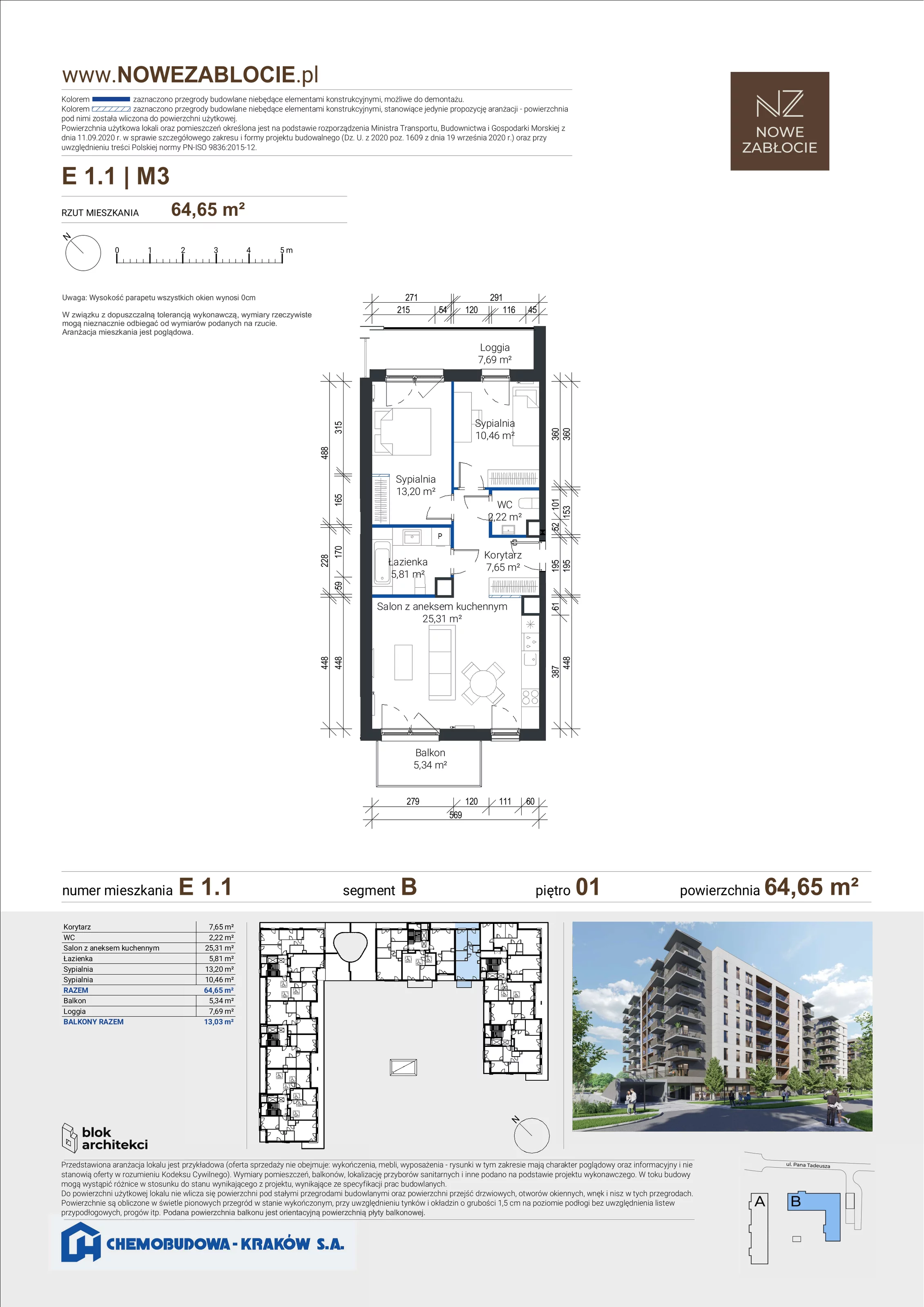 3 pokoje, apartament 64,65 m², piętro 1, oferta nr E 1.1, Nowe Zabłocie, Kraków, Podgórze, Zabłocie, ul. Pana Tadeusza 7