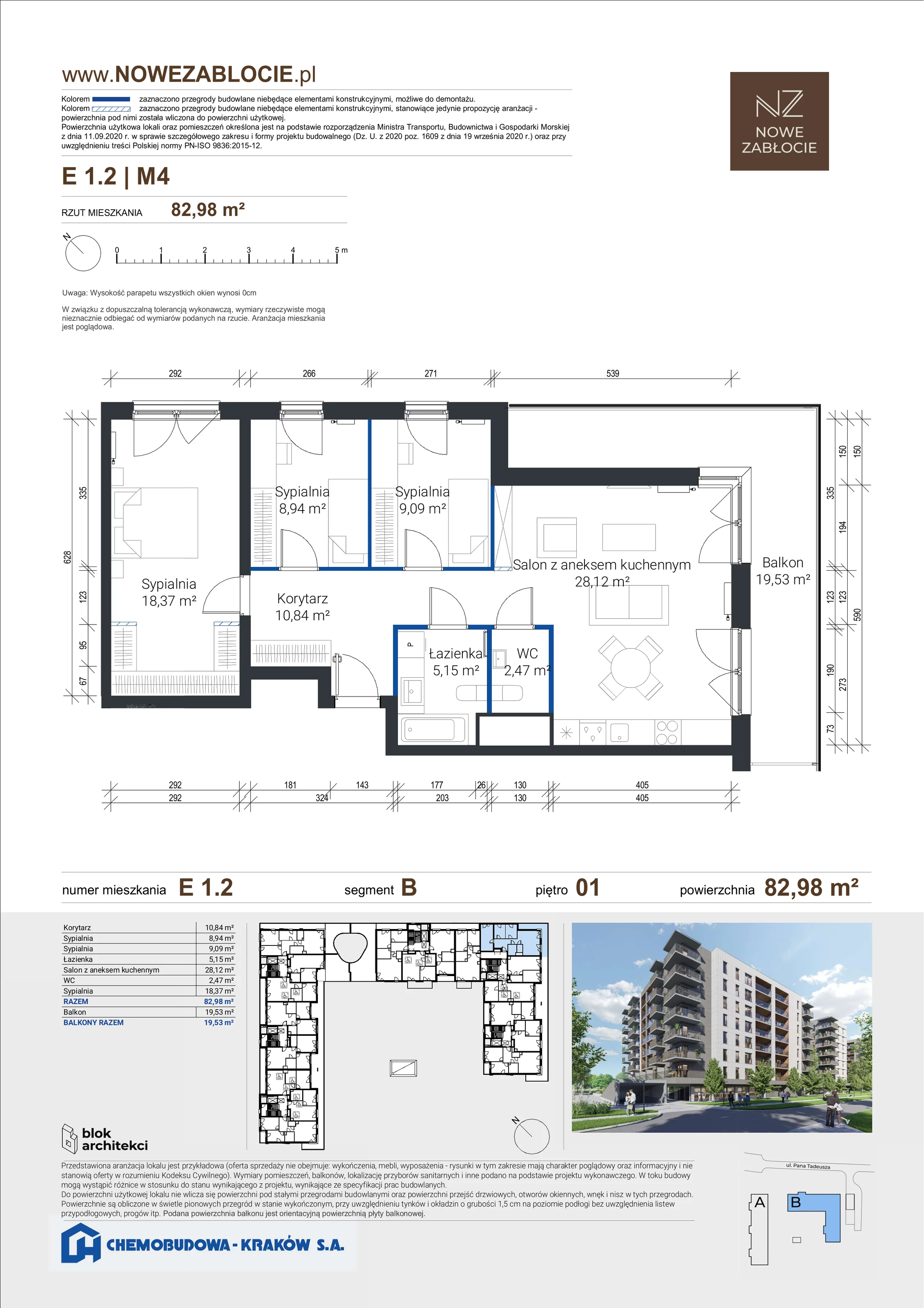 4 pokoje, apartament 82,98 m², piętro 1, oferta nr E 1.2, Nowe Zabłocie, Kraków, Podgórze, Zabłocie, ul. Pana Tadeusza 7