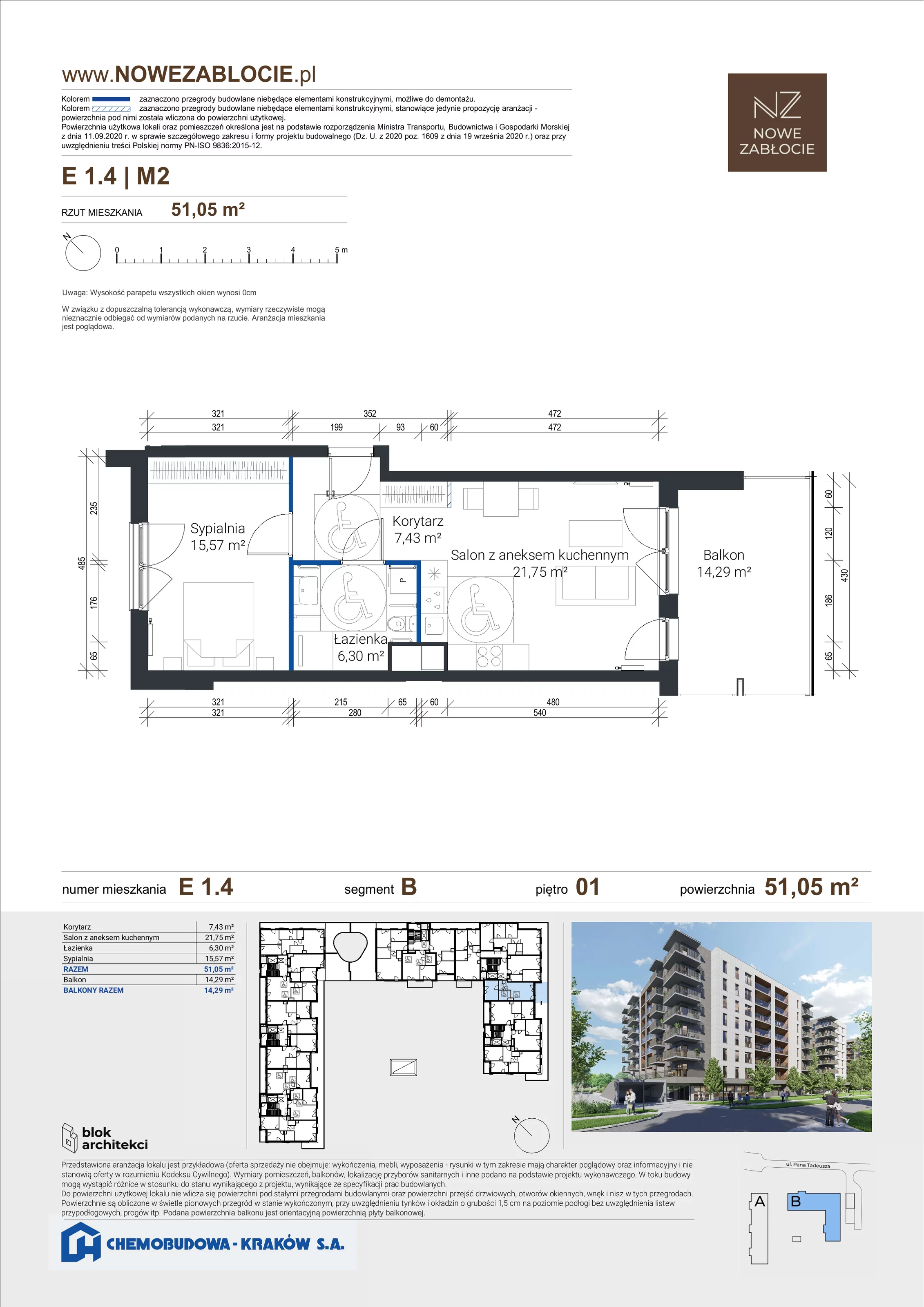 2 pokoje, apartament 51,05 m², piętro 1, oferta nr E 1.4, Nowe Zabłocie, Kraków, Podgórze, Zabłocie, ul. Pana Tadeusza 7